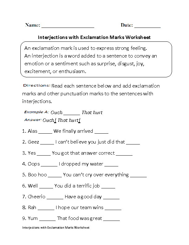 Interjections with Exclamation Marks Worksheet