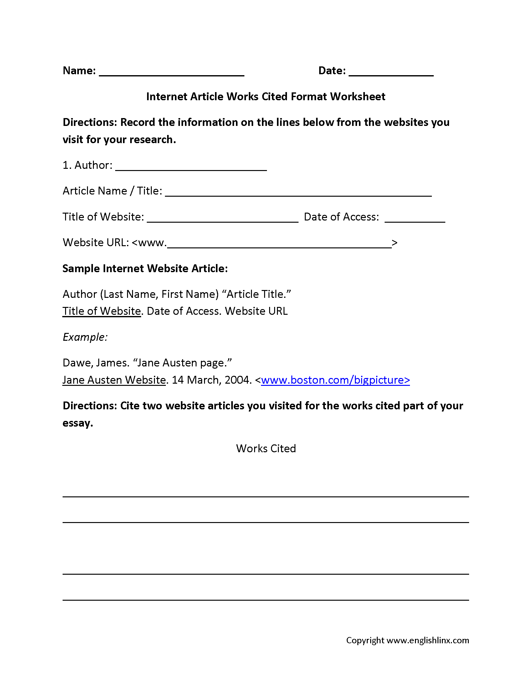 Internet Article Works Cited Format Worksheet