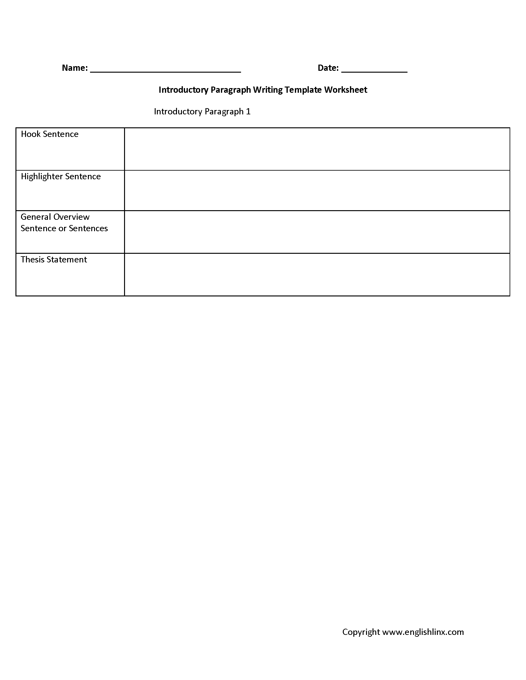 Introductory Paragraph Writing Template Worksheet