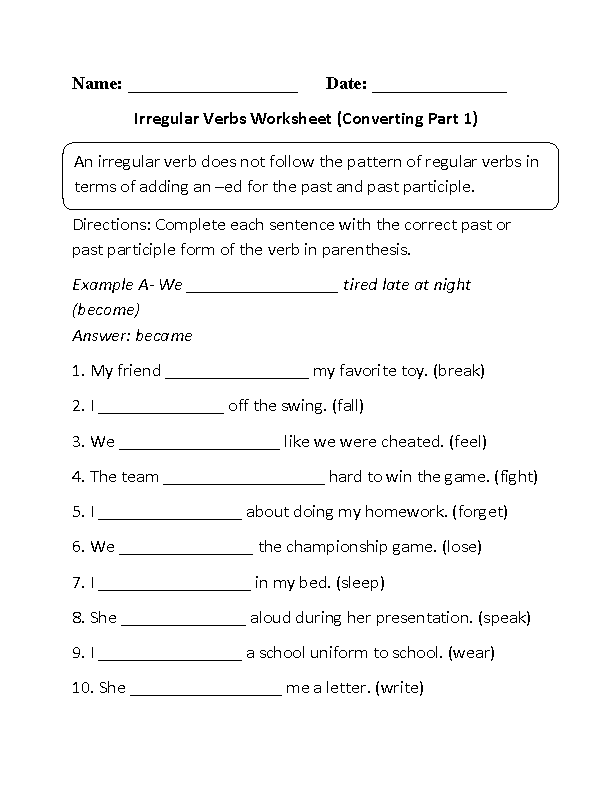 Regular And Irregular Verb Worksheets Irregular Verbs Worksheets For Grade 3 K5 Learning 