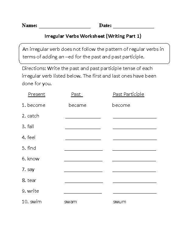 Irregular Verbs Chart Worksheet