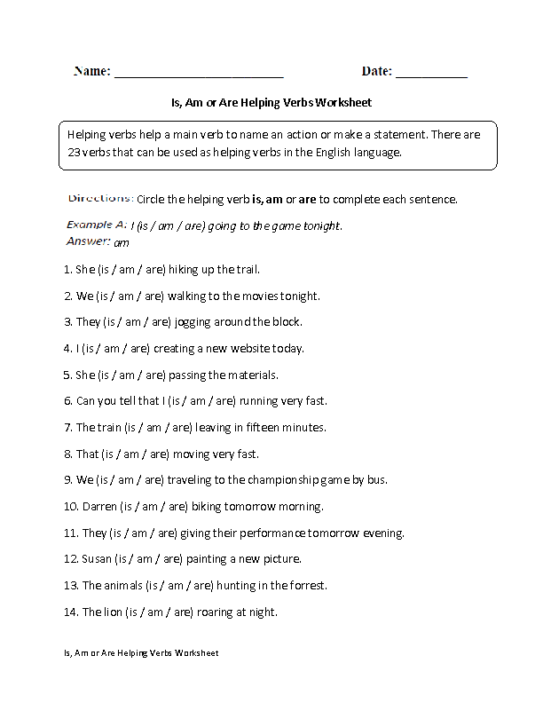 Is,Am or Are Helping Verb Worksheet