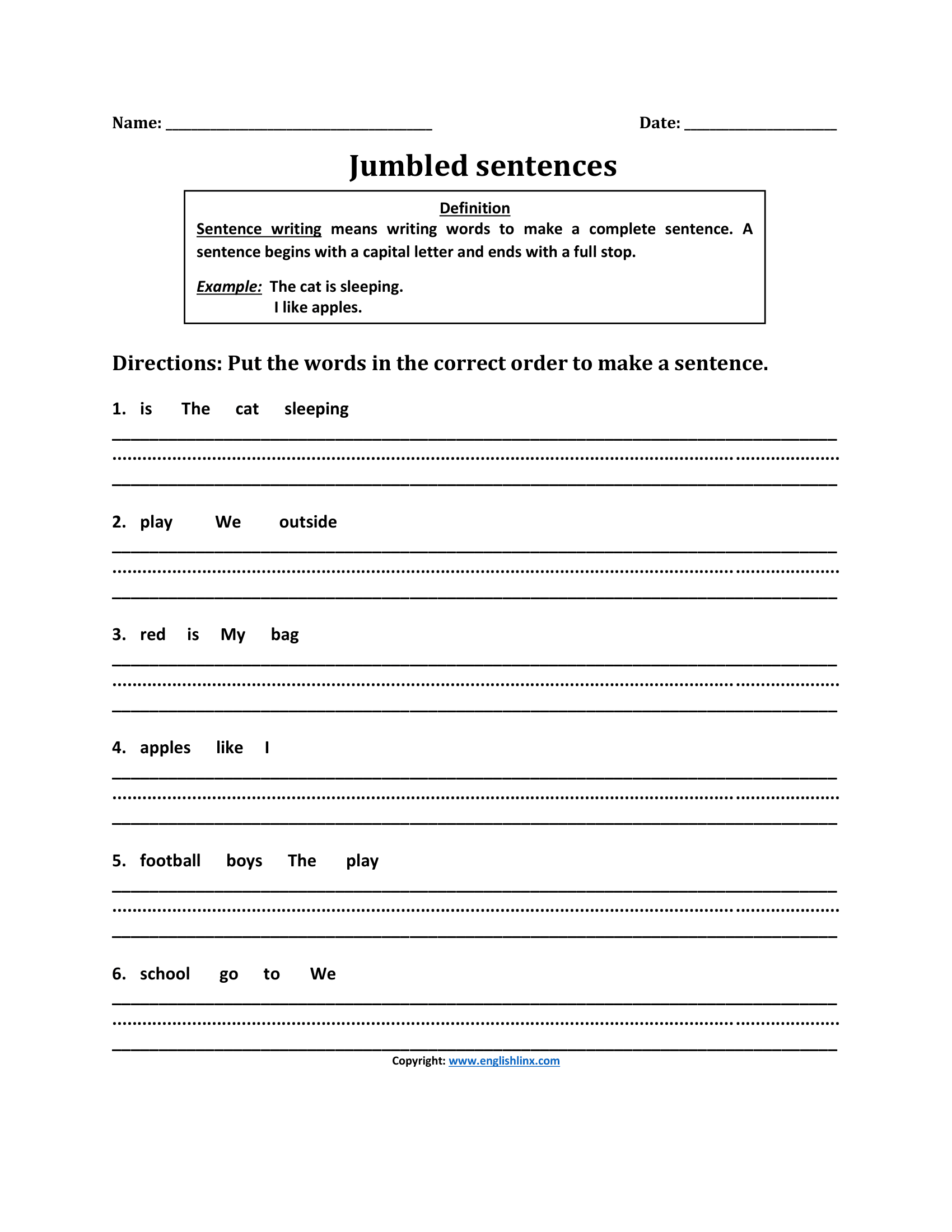 Jumbled Sentence Writing Worksheets
