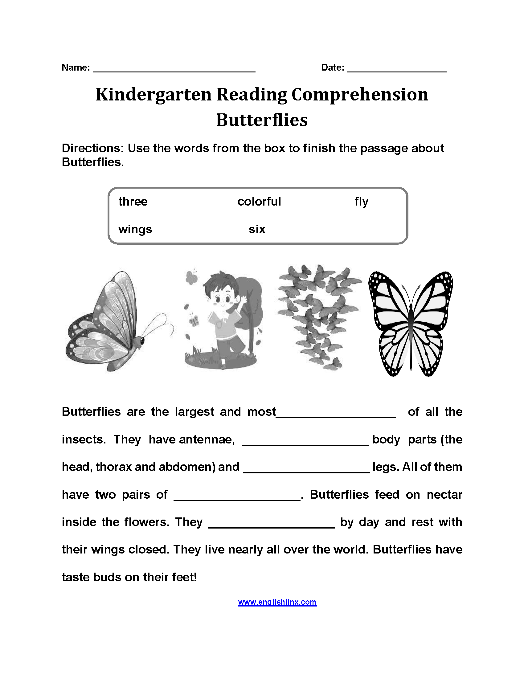 Butterflies Kindergarten Reading Comprehension Worksheets