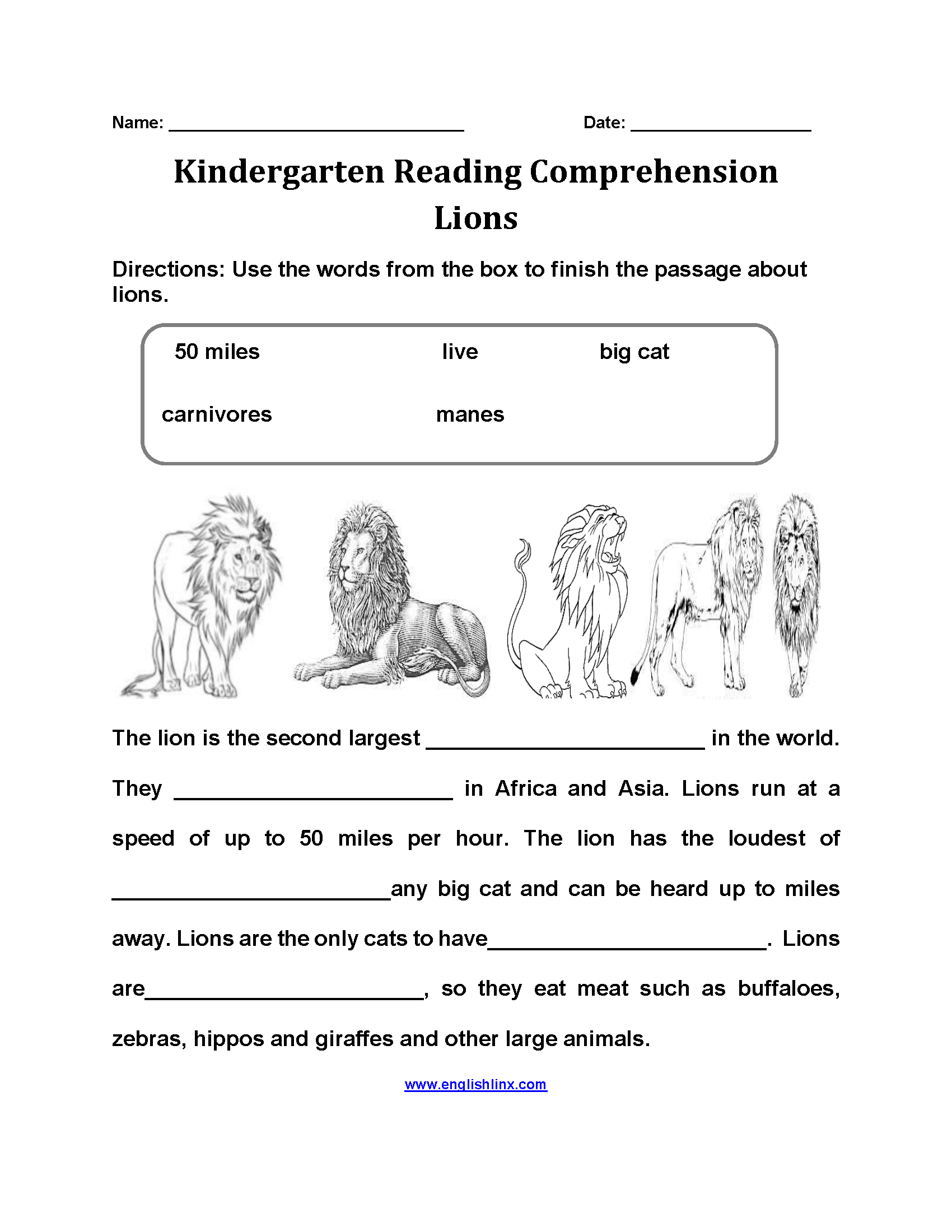 Lions Kindergarten Reading Comprehension Worksheets
