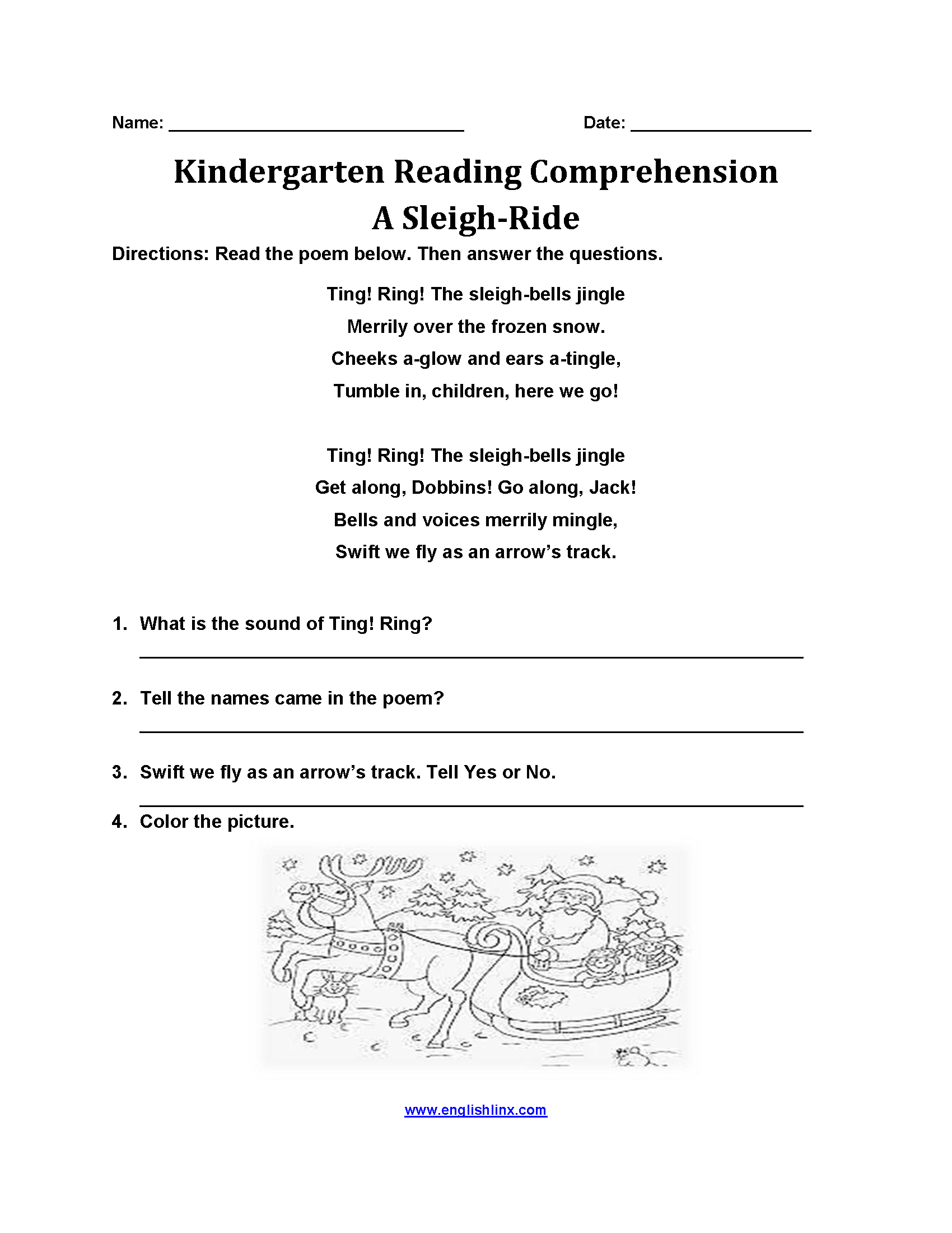 Sleigh Ride Kindergarten Reading Comprehension Worksheets