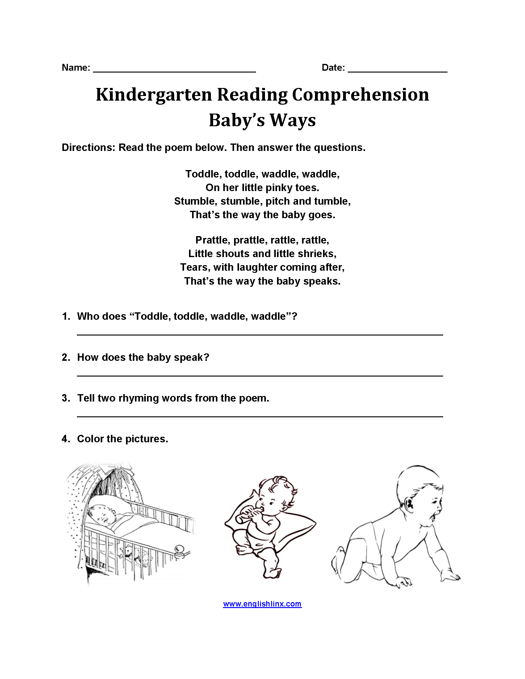 Baby's Ways Kindergarten Reading Comprehension Worksheets