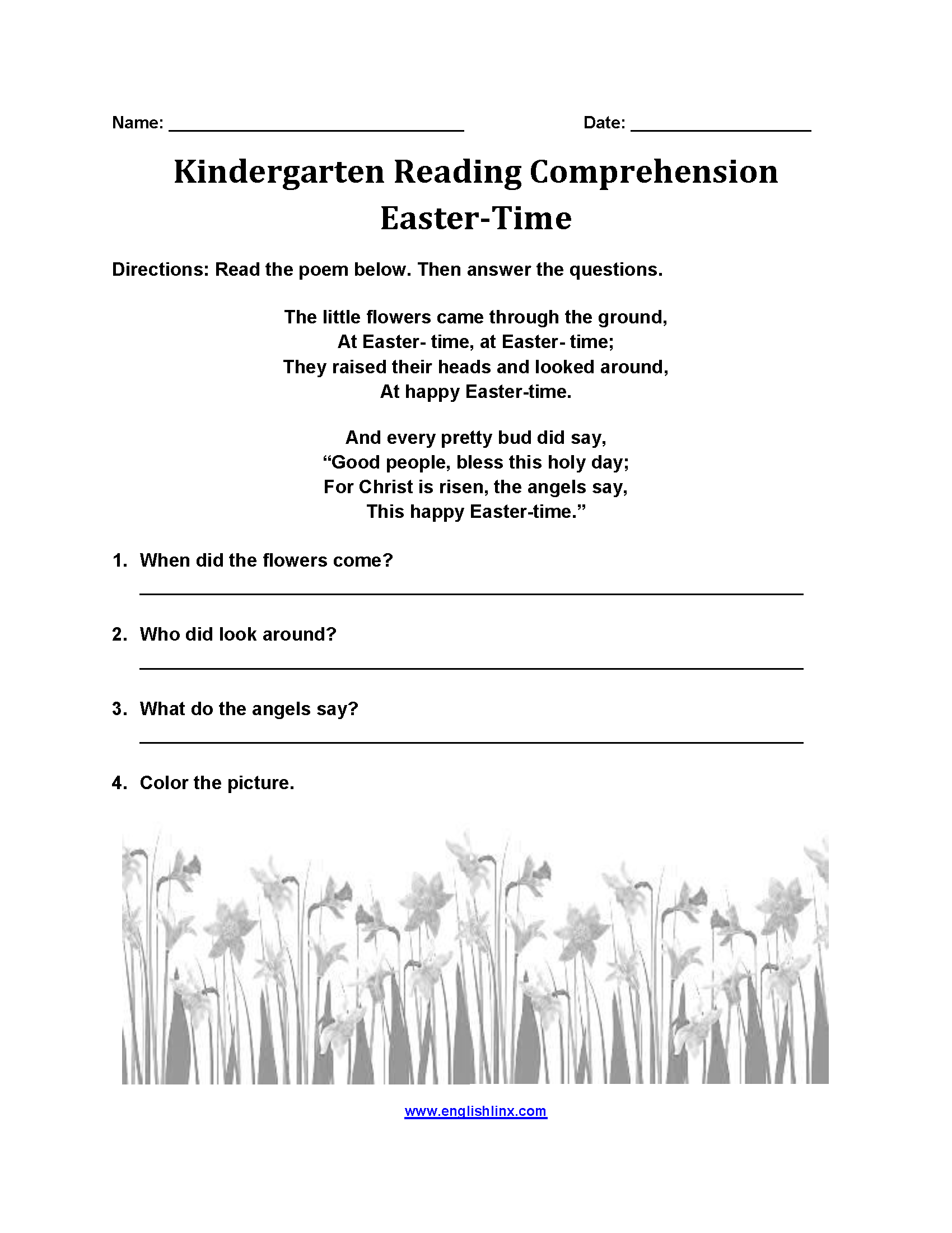 Easter Time Kindergarten Reading Comprehension Worksheets