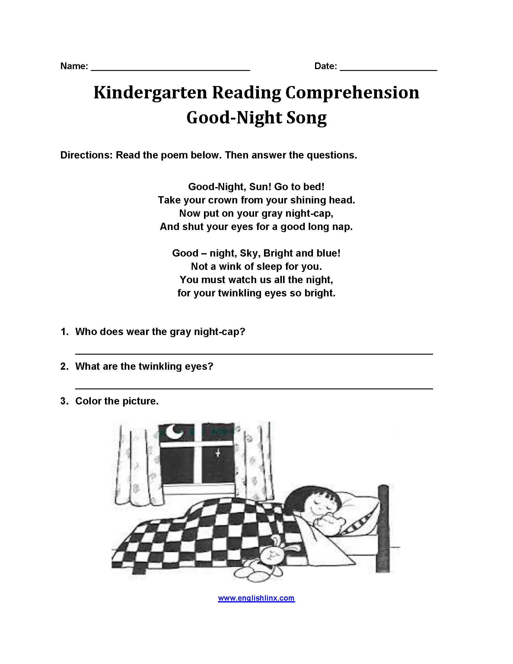 Good Night Song Kindergarten Reading Comprehension Worksheets