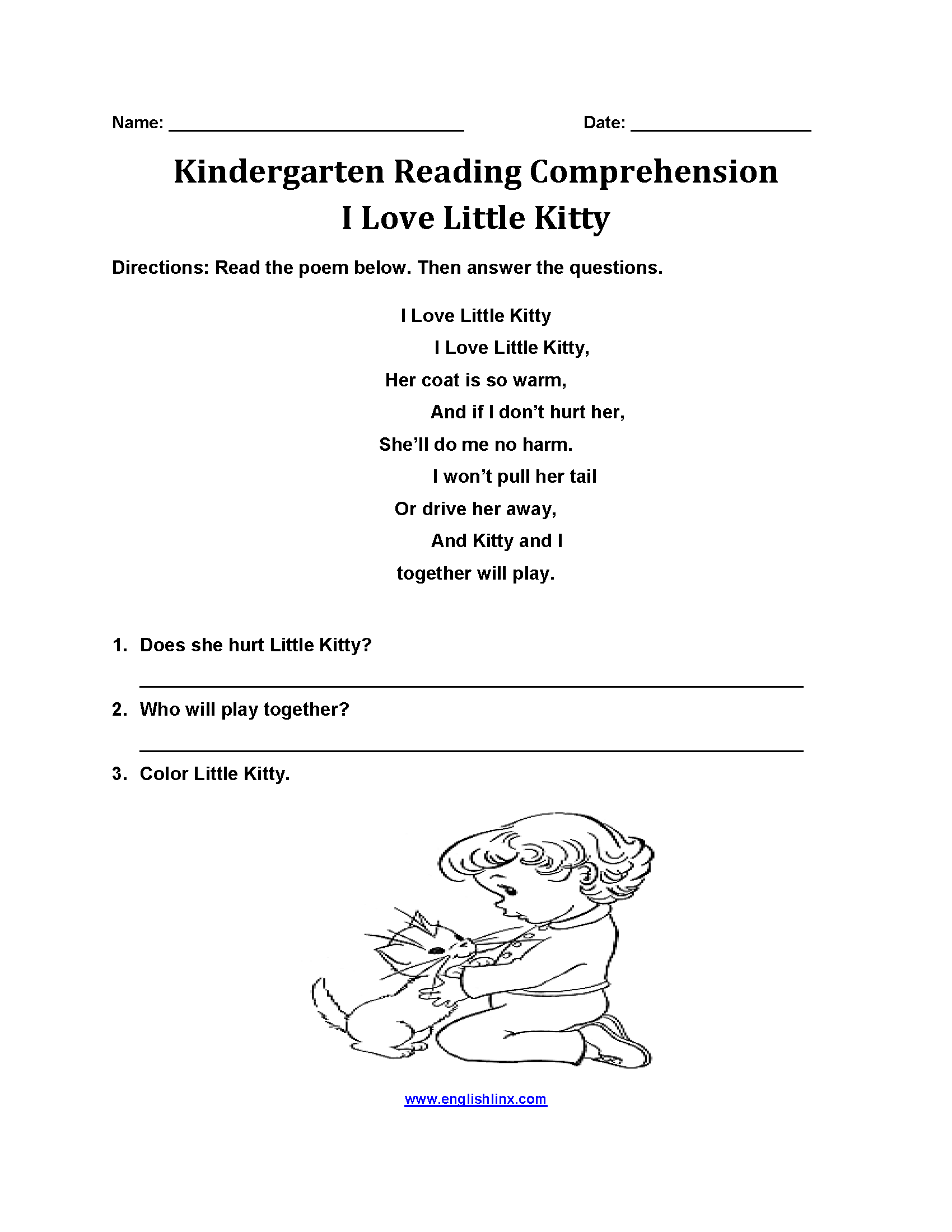I Love Little Kitty Kindergarten Reading Comprehension Worksheets