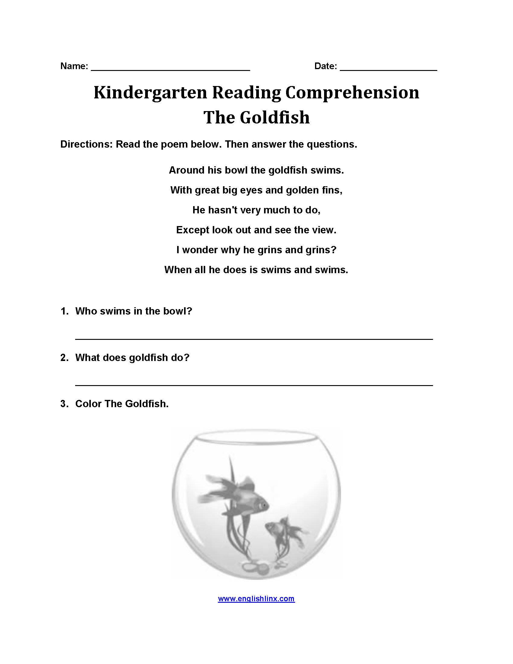 The Goldfish Kindergarten Reading Comprehension Worksheets