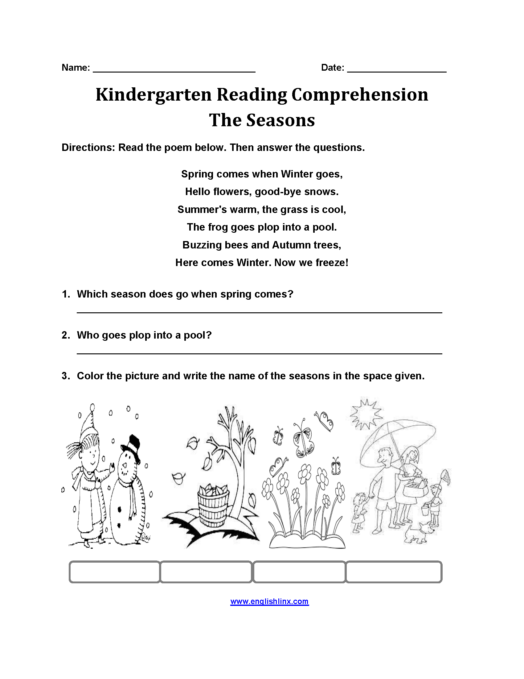 The Seasons Kindergarten Reading Comprehension Worksheets
