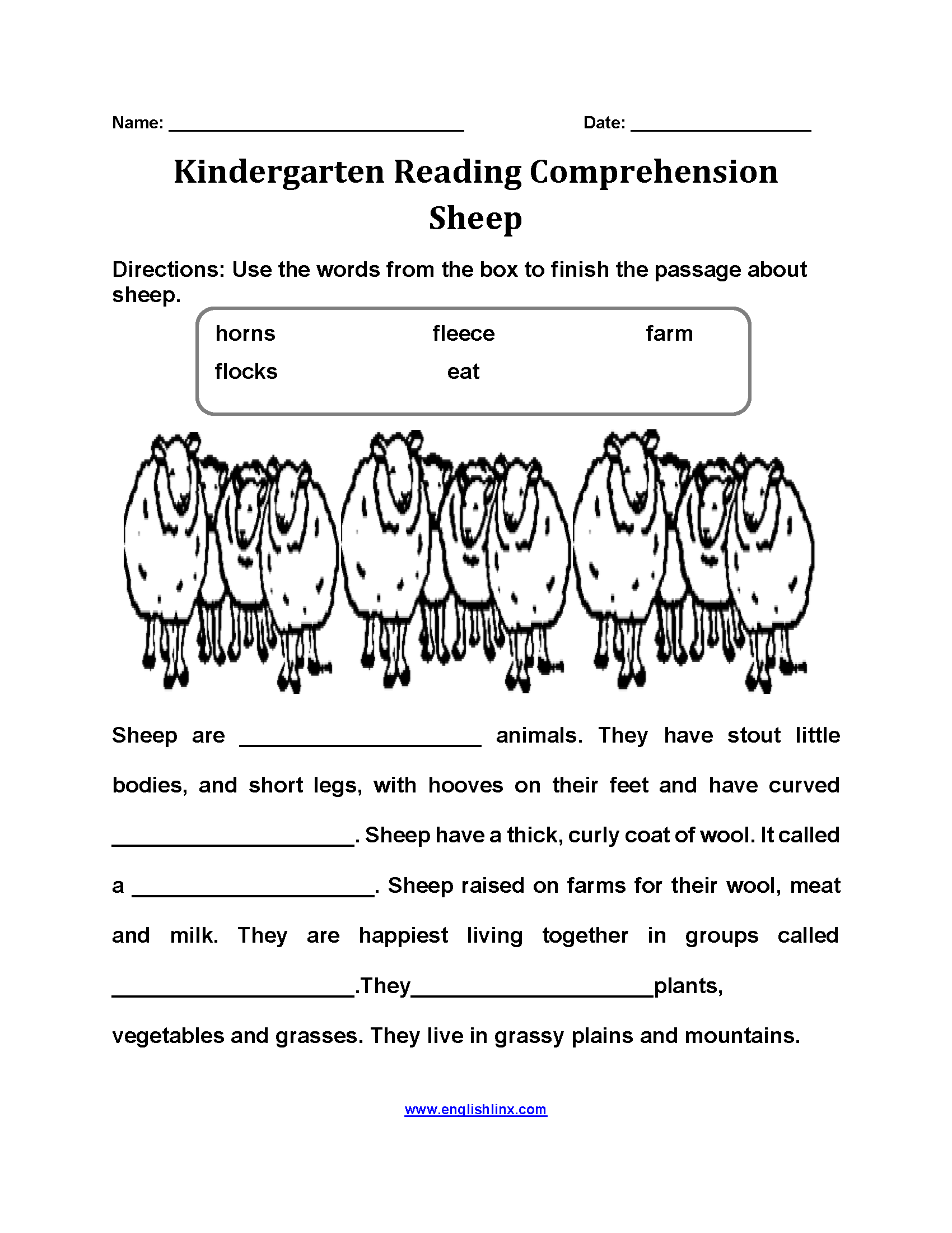 The Sheep Kindergarten Reading Comprehension Worksheets