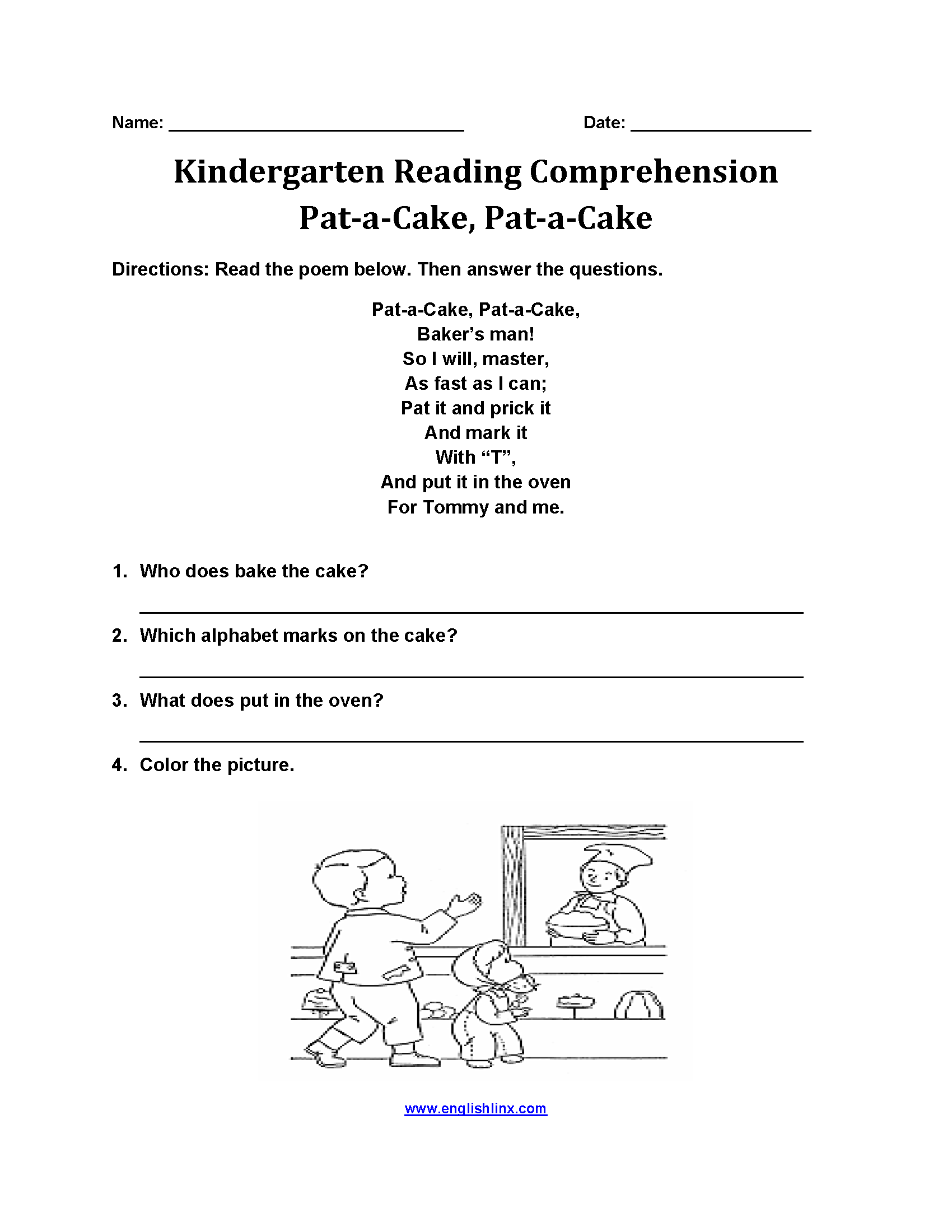 Pat a Cake Kindergarten Reading Comprehension Worksheets