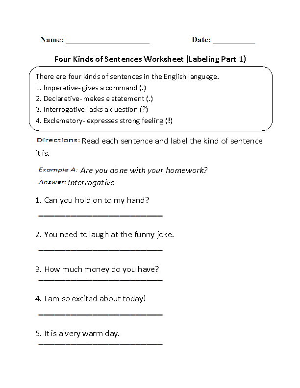Labeling Four Kinds of Sentences Worksheet
