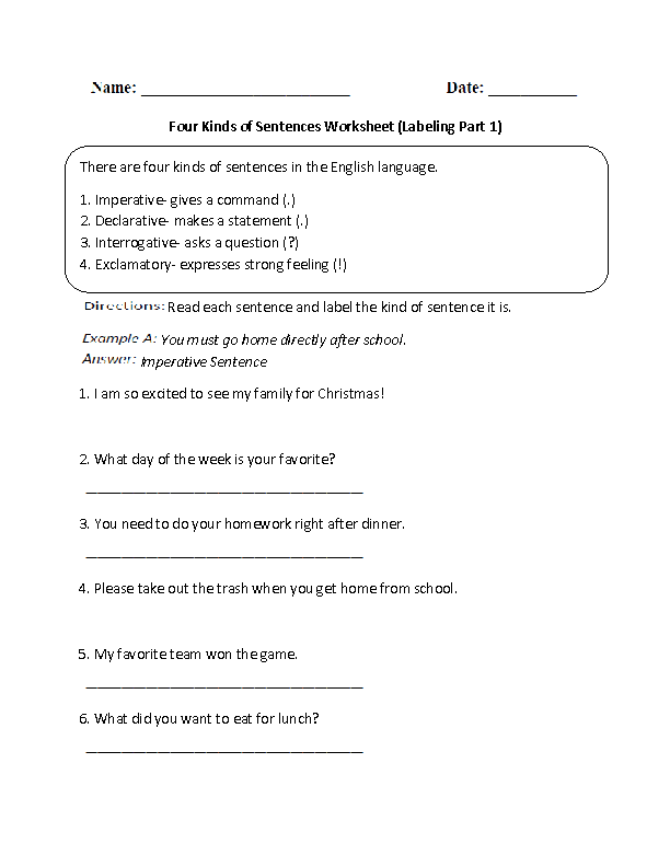 Four Types Of Sentences Worksheet