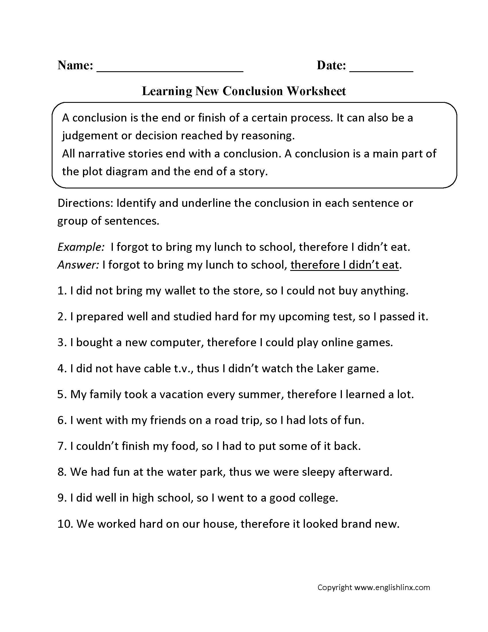 Learning New Conclusion Worksheet