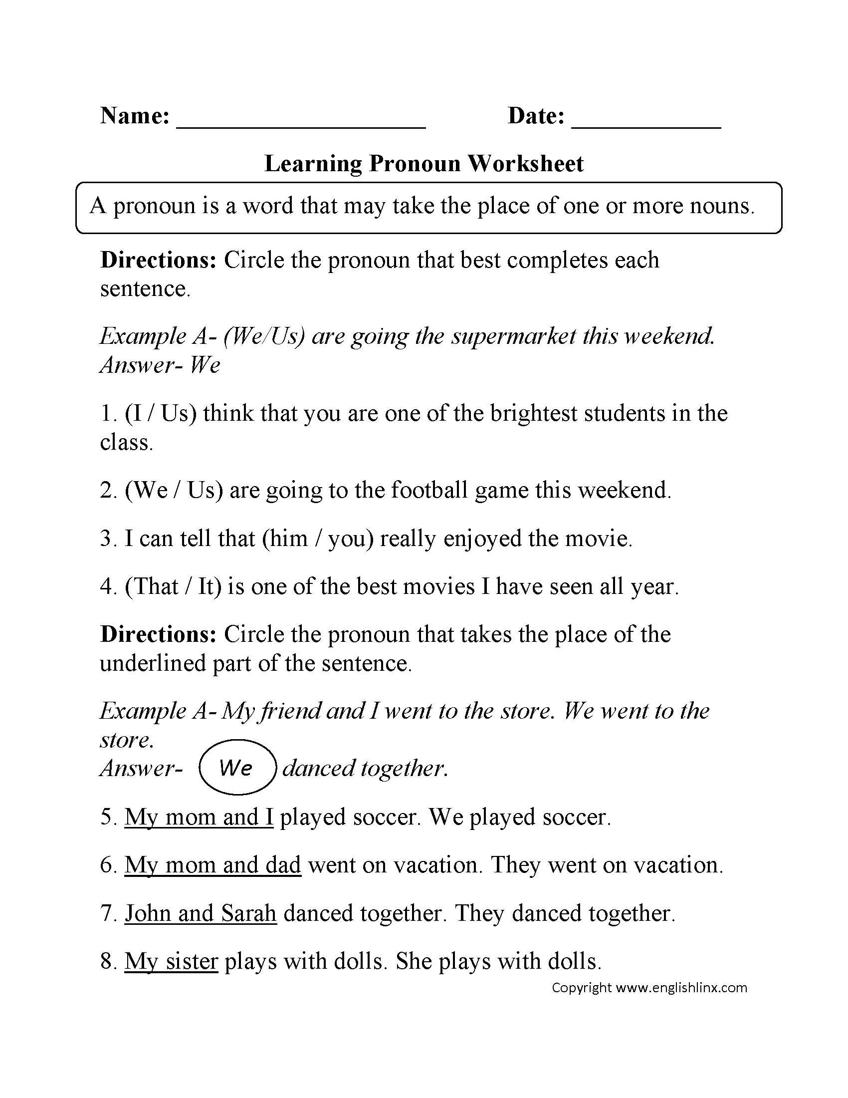 Learning Pronoun Worksheet