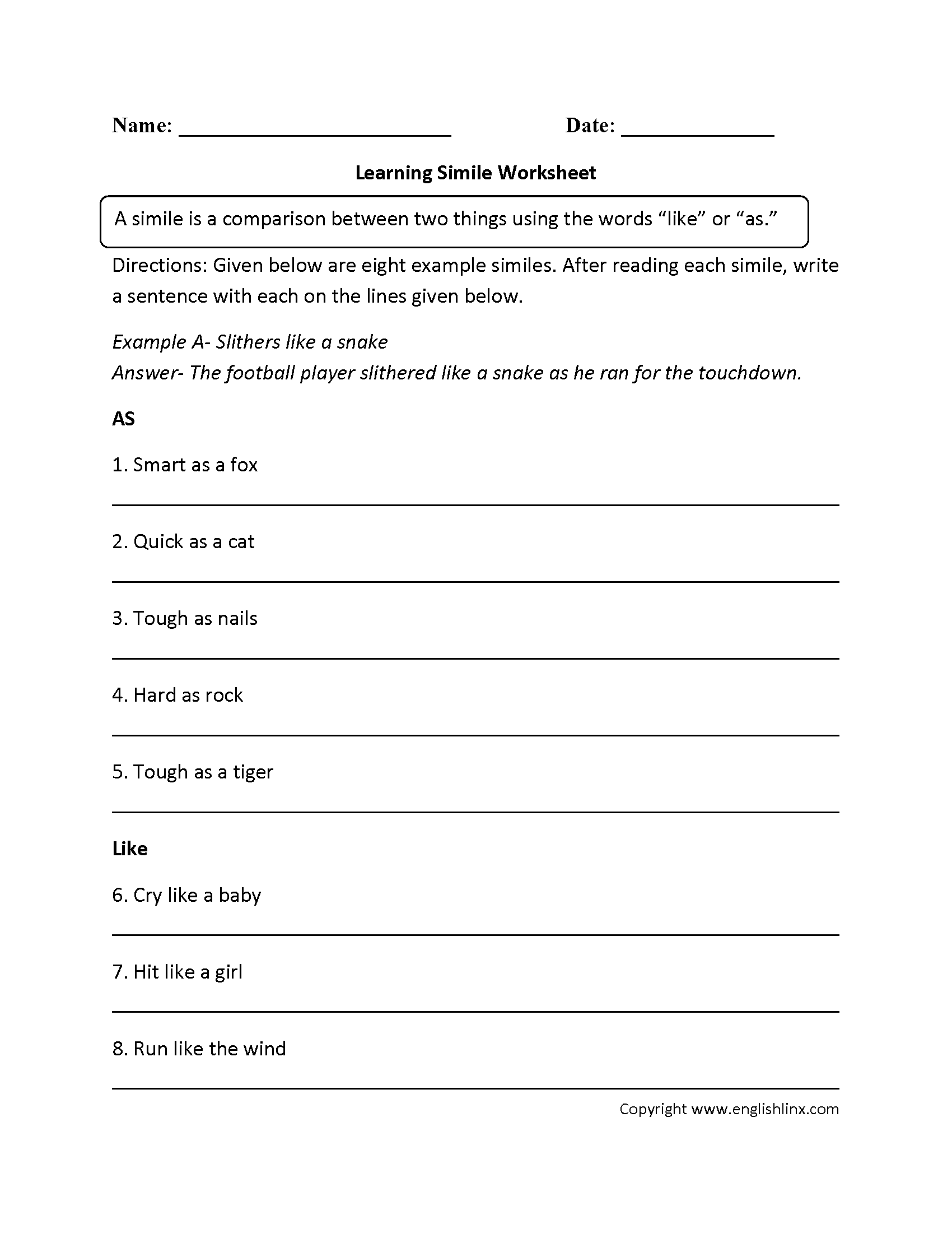 Figurative Language Worksheets Simile Worksheets