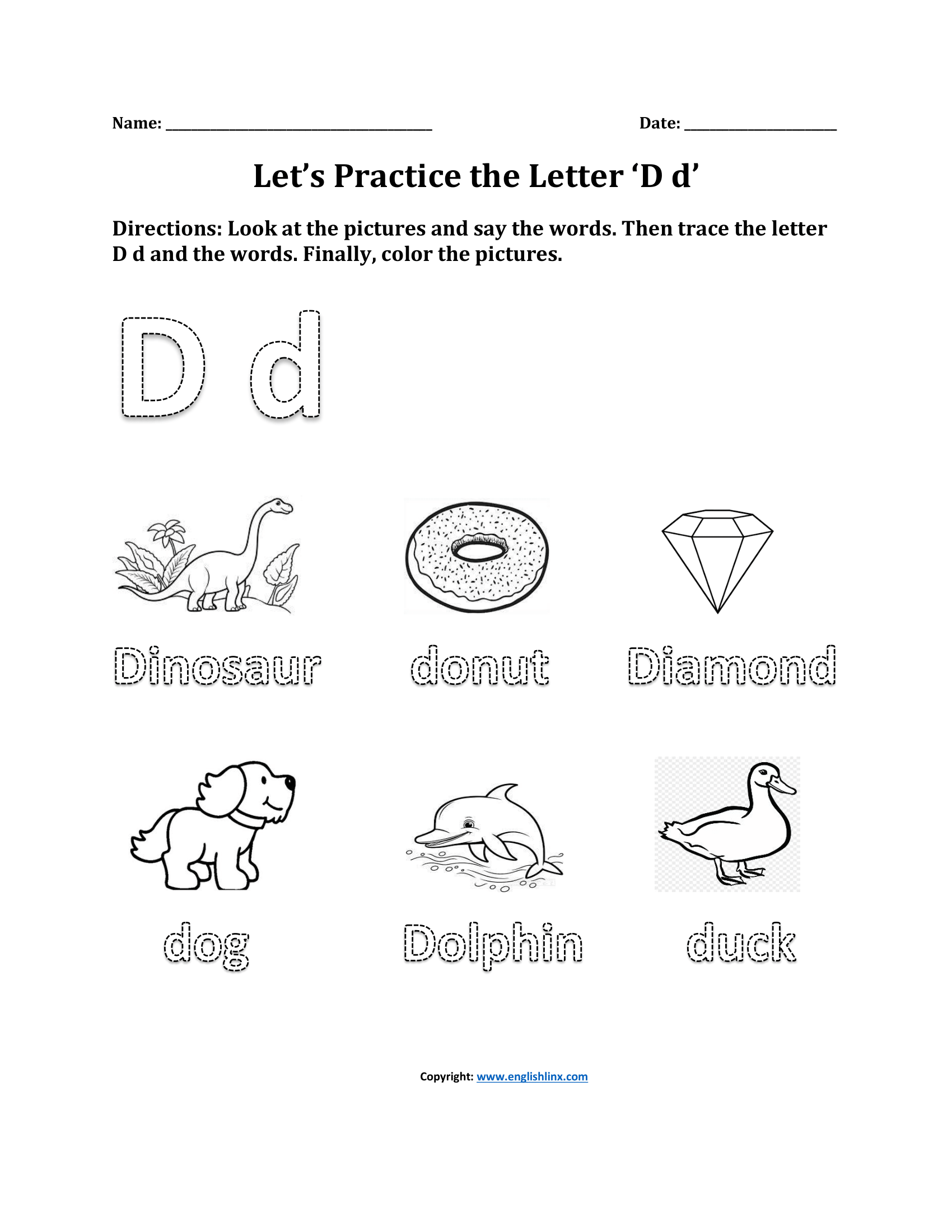 Letter D Practice Phonics Worksheets for Nursery