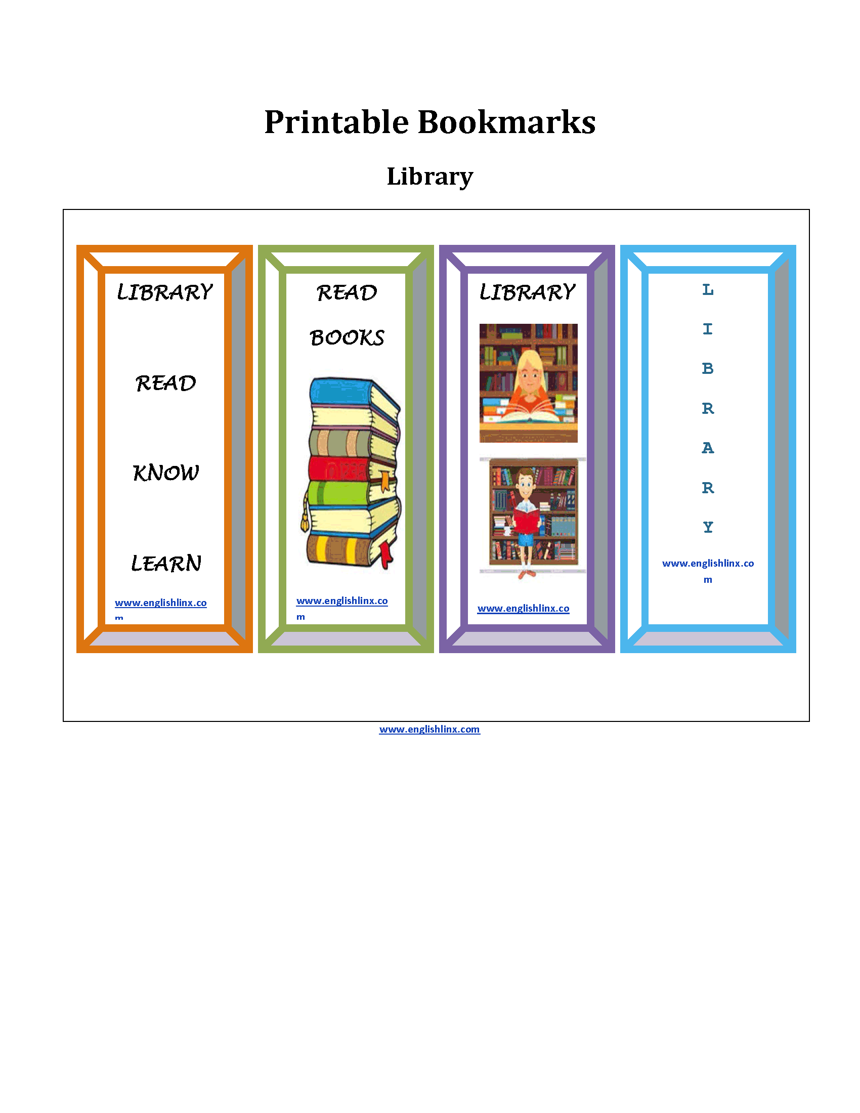 Library Printable Bookmarks Worksheets