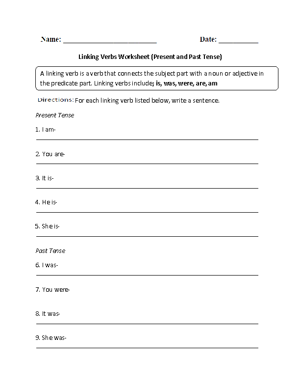 Present and Past Tense Linking Verbs Worksheet