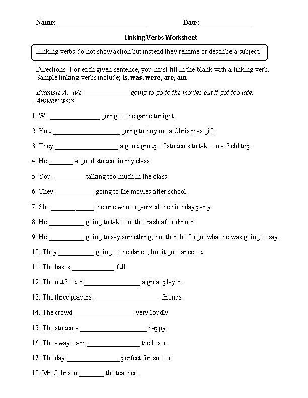 Fill-In Linking Verb Worksheet
