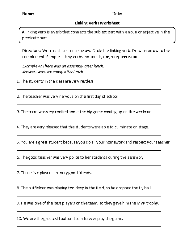 7th Grade Linking Verb Worksheets