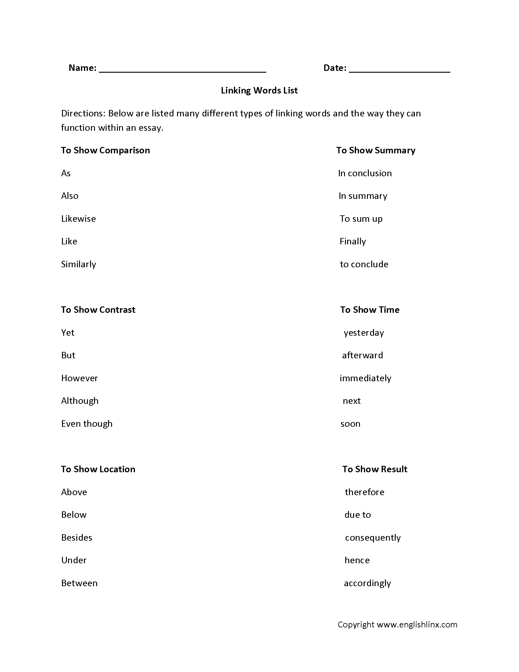 Linking Word List Worksheet