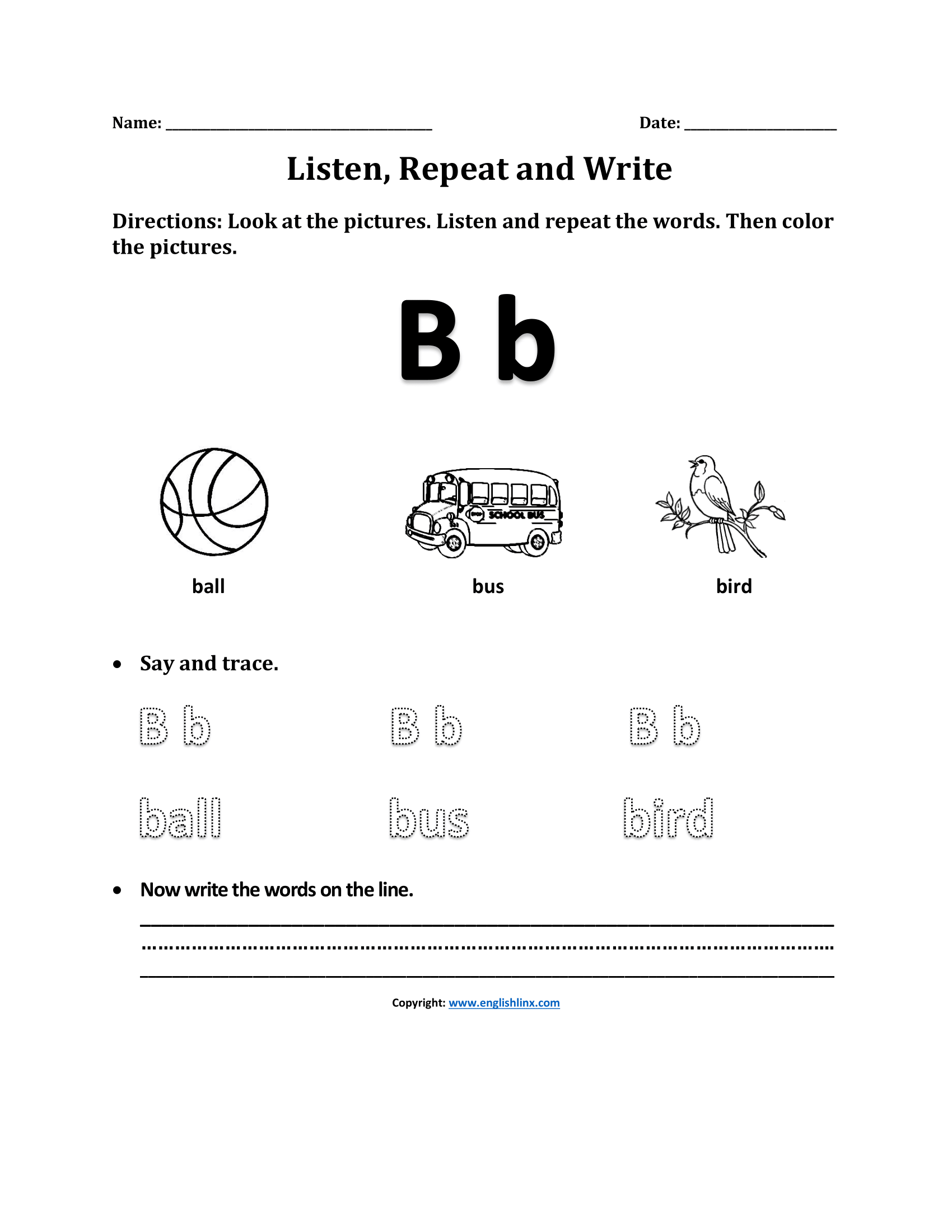 Listen, Repeat, Write Phonics Worksheets for Preschool