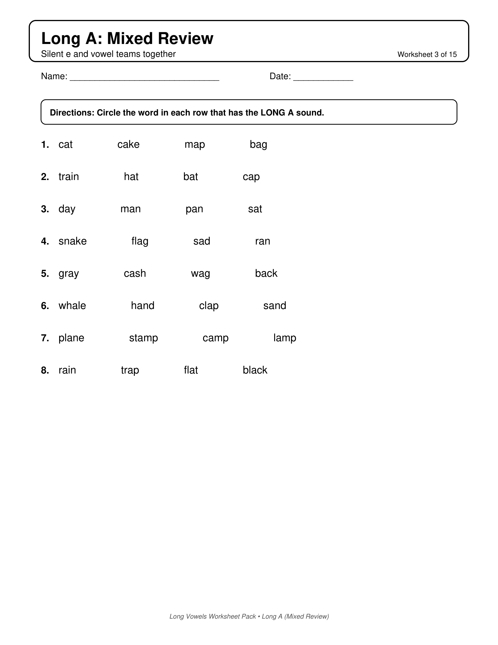 Long A Mixed Review Long Vowels Worksheets