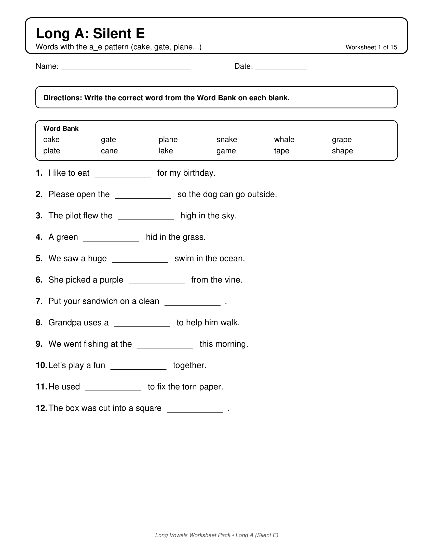 Long A Silent Long Vowels Worksheets