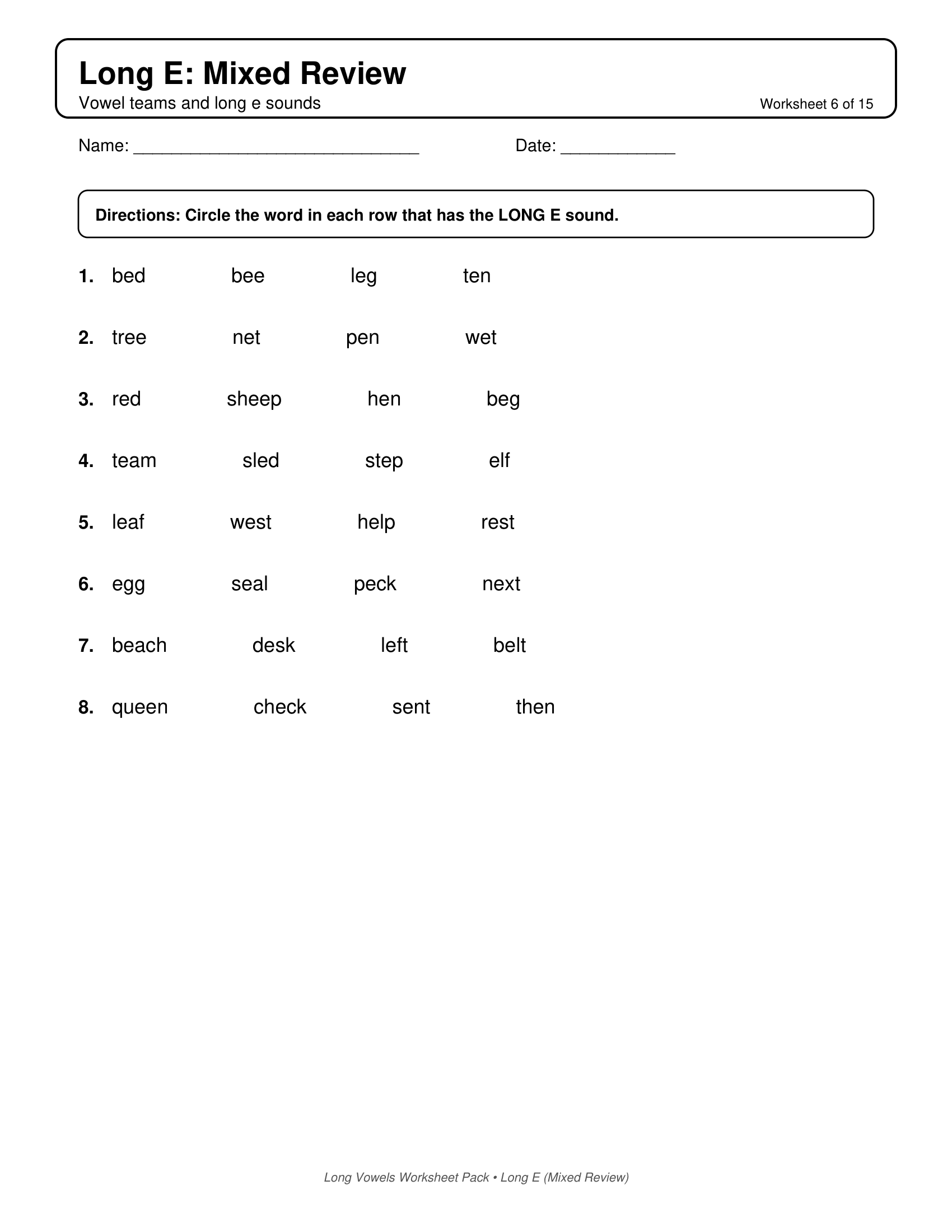 Long E Mixed Review Long Vowels Worksheets