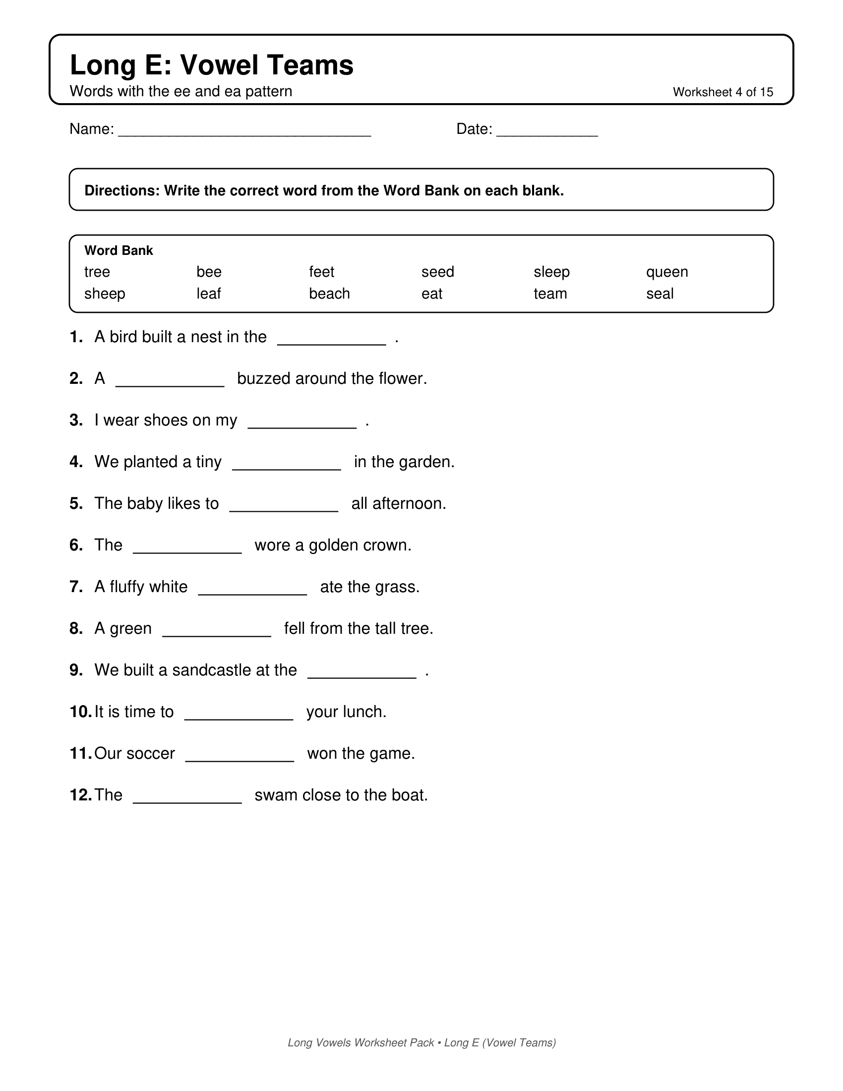 Long E Vowel Teams Long Vowels Worksheets