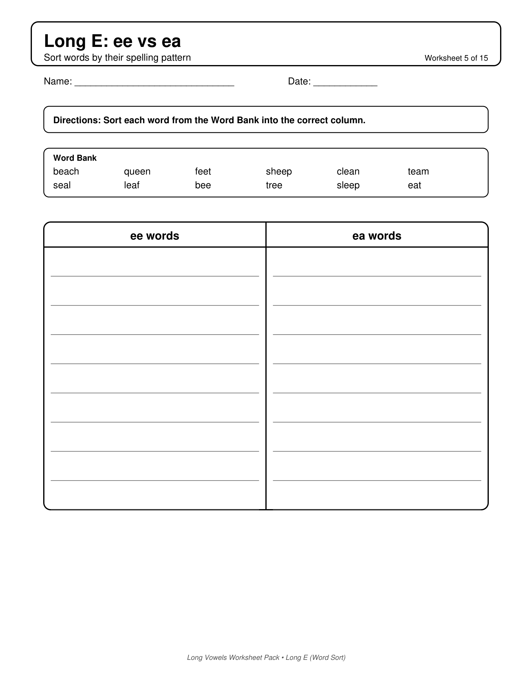 Long E Word Sort Long Vowels Worksheets