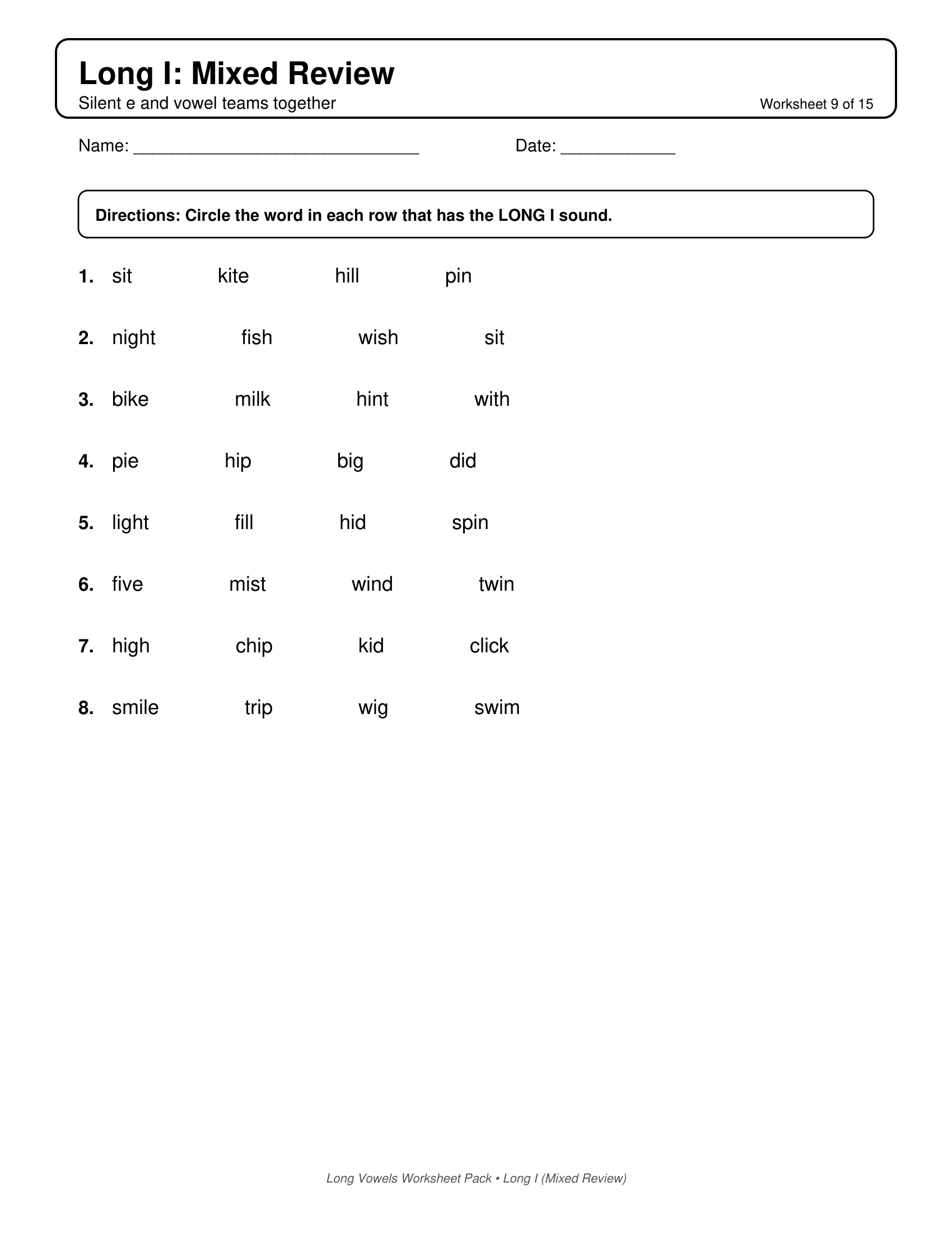 Long I Mixed Review Long Vowels Worksheets