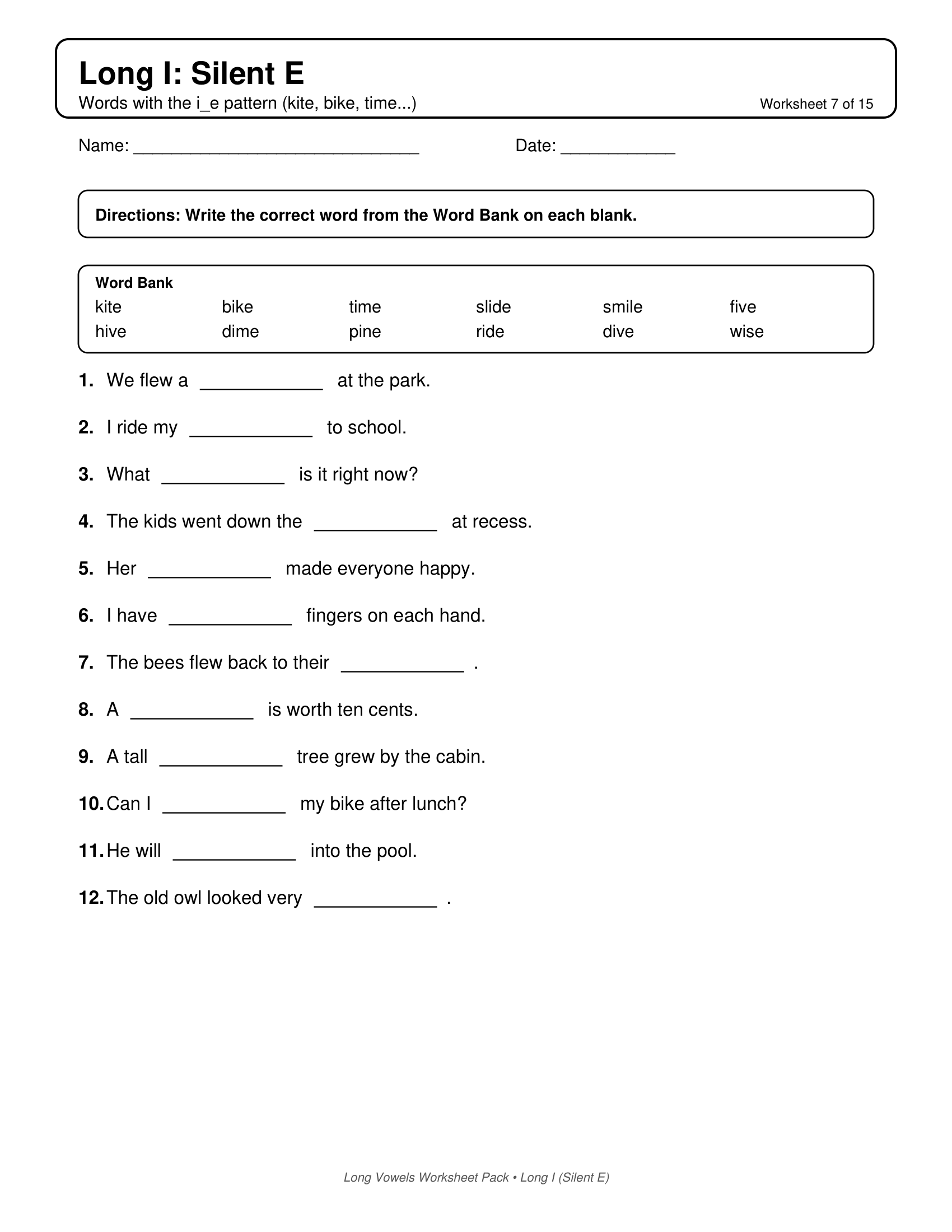 Long I Silent Long Vowels Worksheets