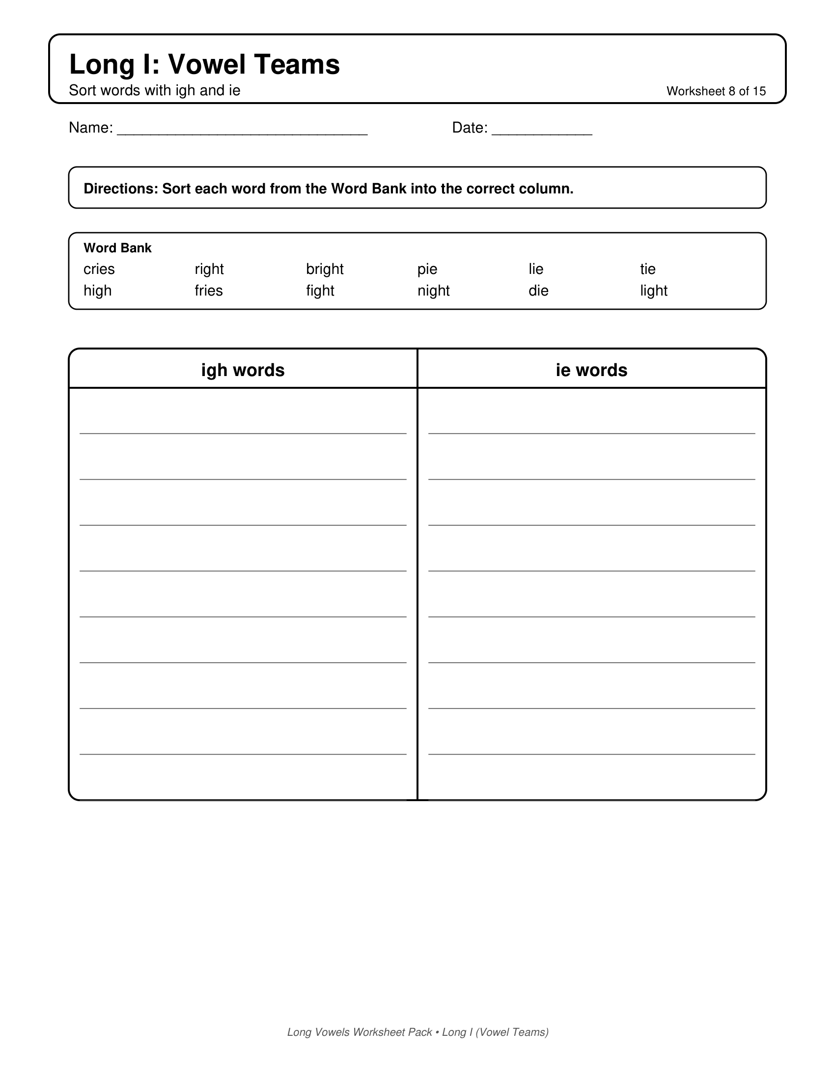 Long I Vowel Teams Long Vowels Worksheets