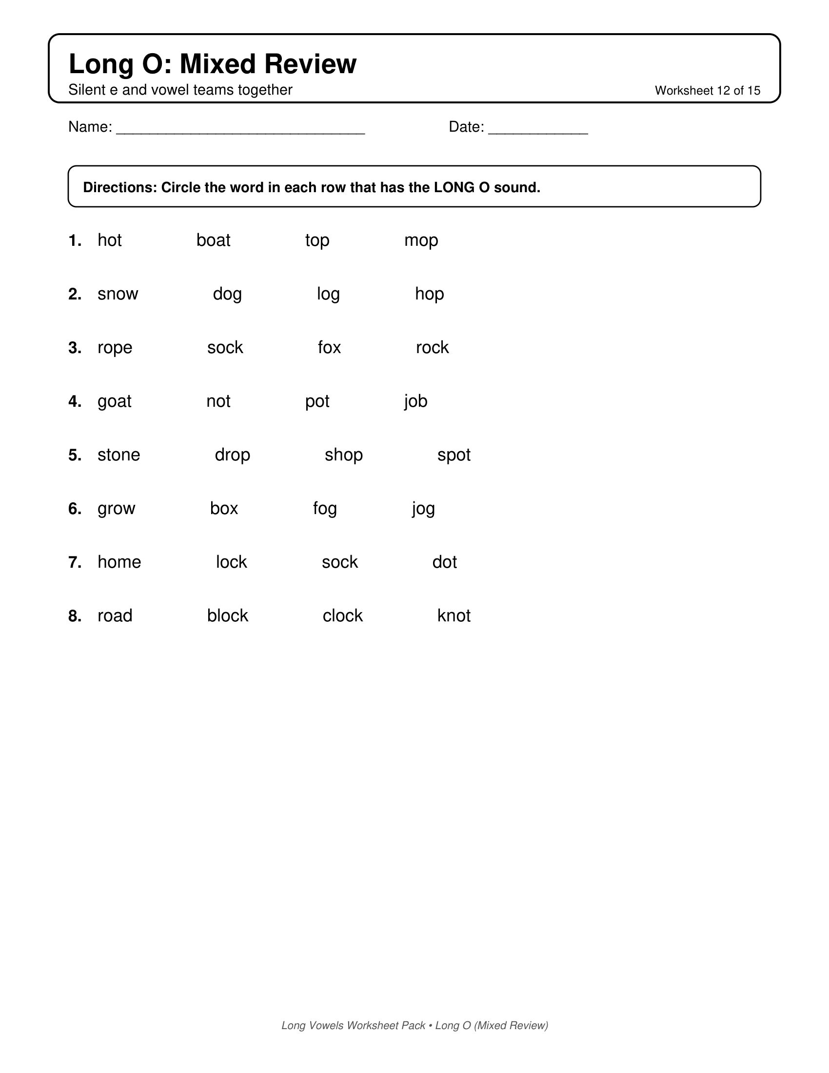Long O Mixed Review Long Vowels Worksheets