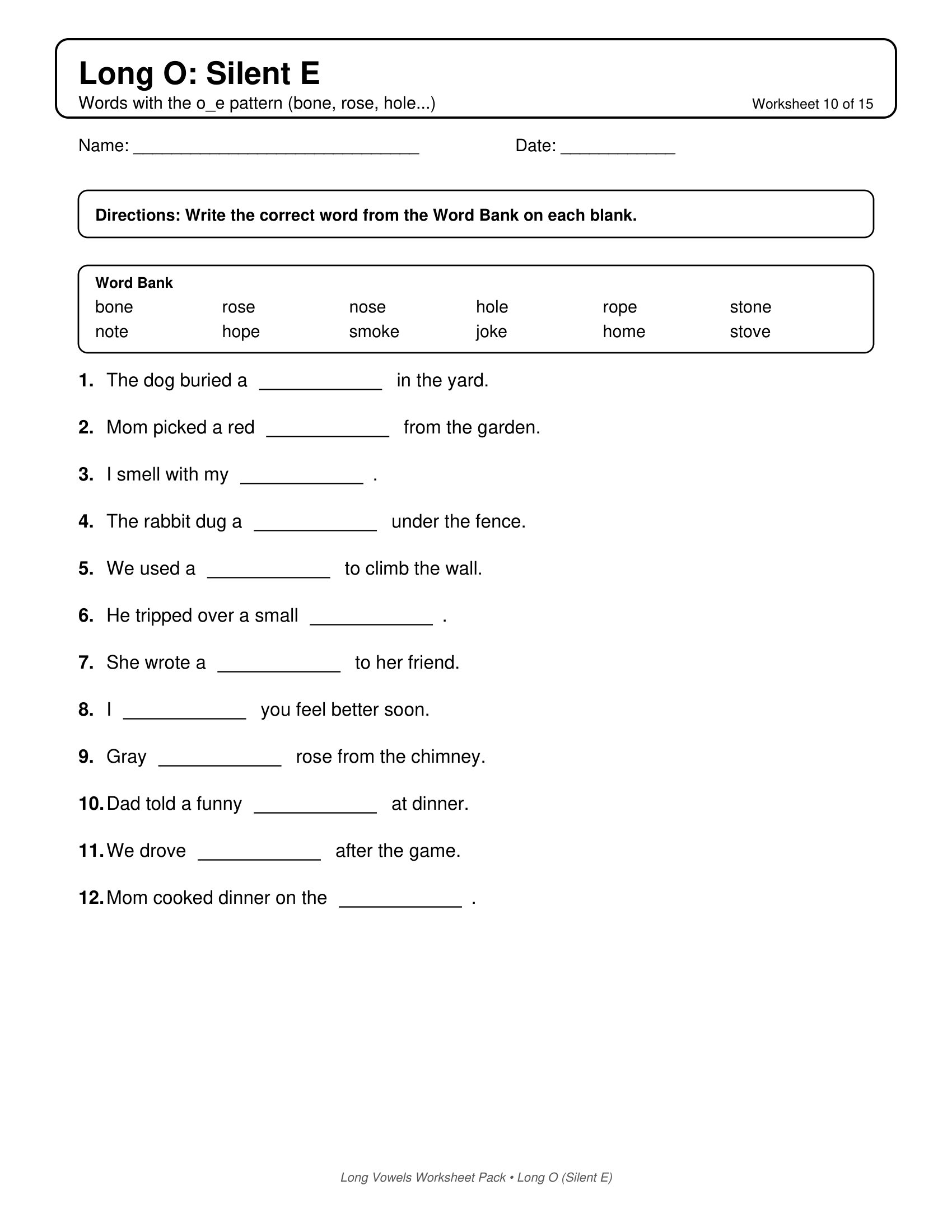 Long O Fill In Long Vowels Worksheets