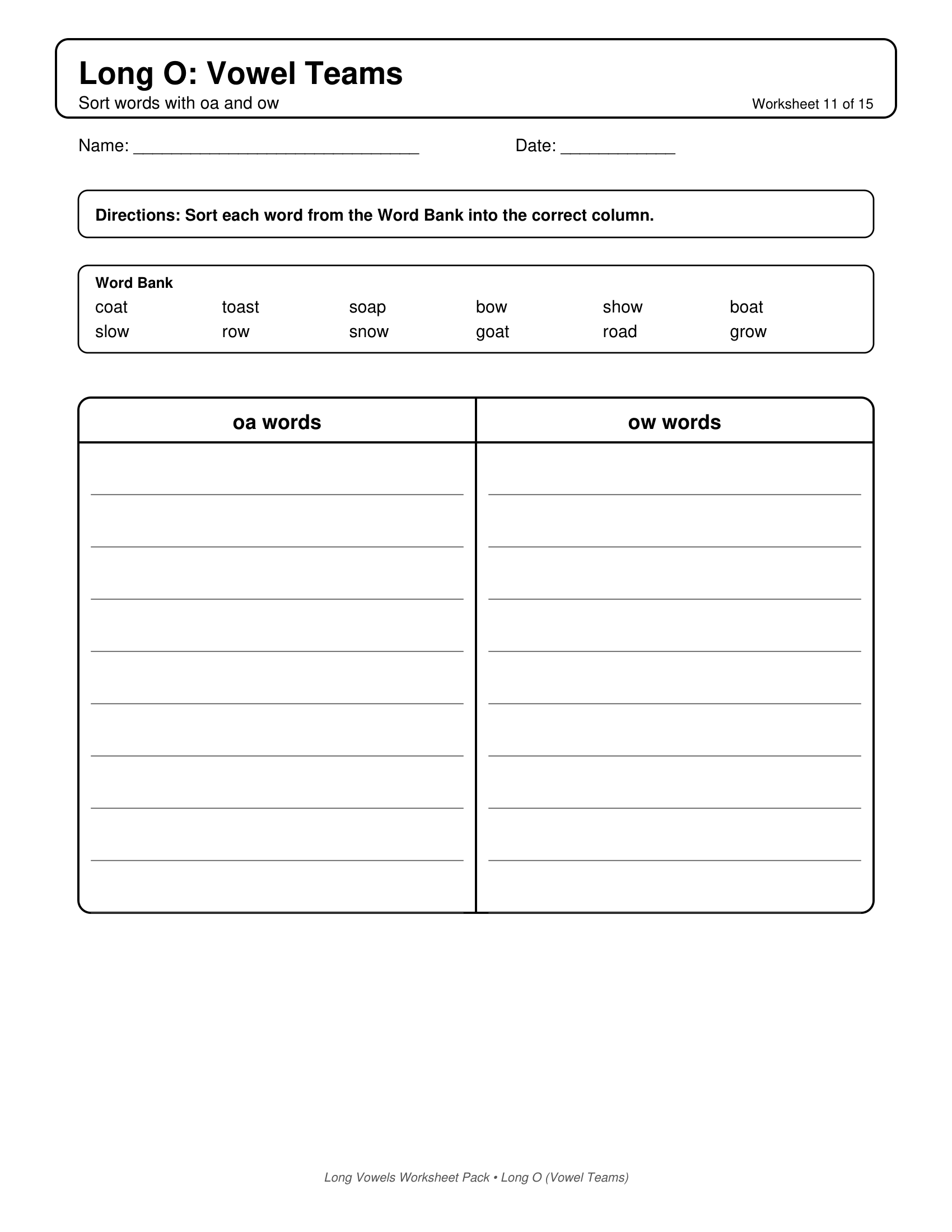 Long O Vowel Teams Long Vowels Worksheets