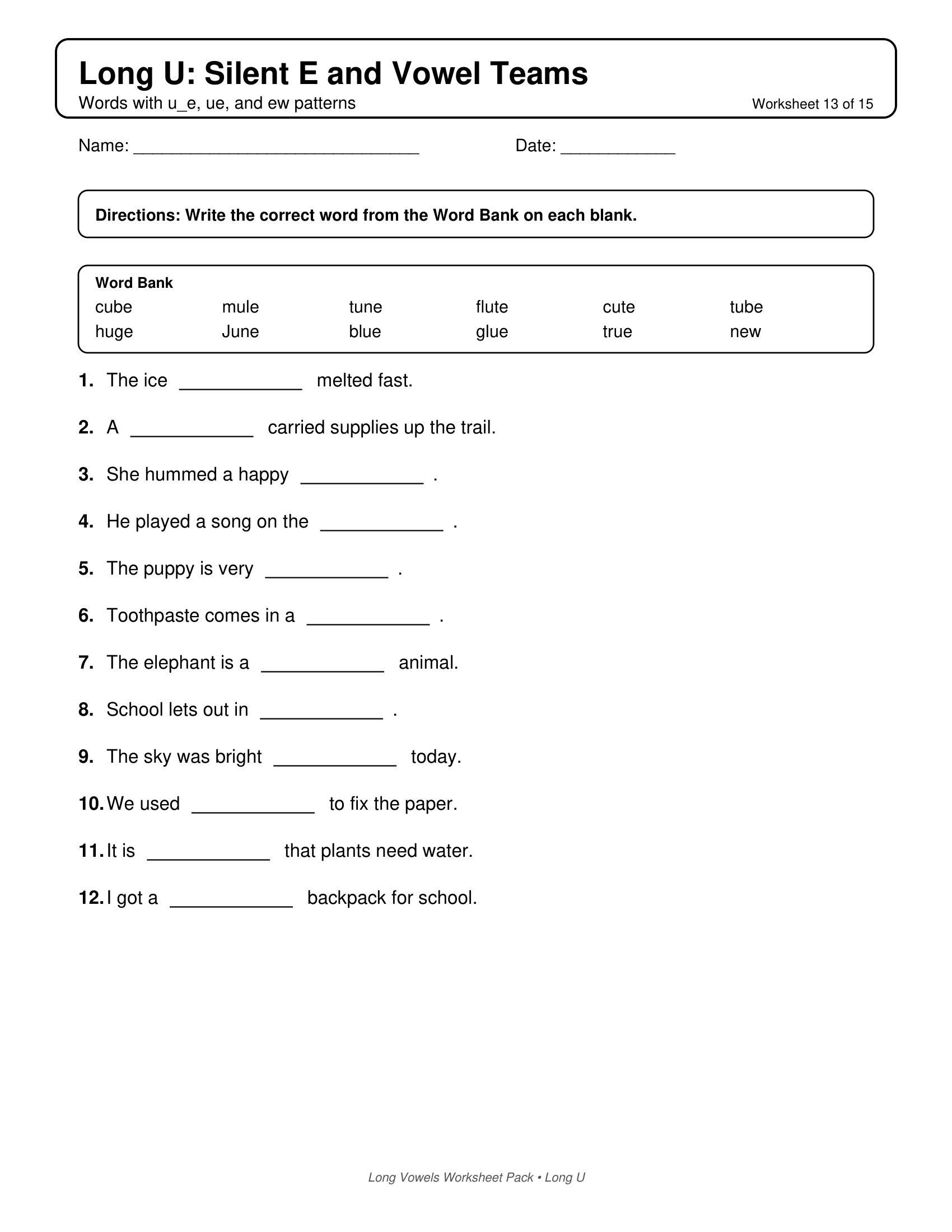 Long U Fill In Long Vowels Worksheets