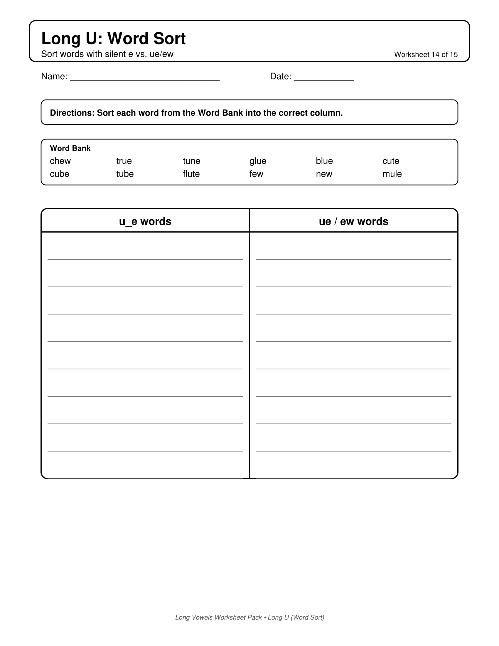 Long U Word Sort Long Vowels Worksheets