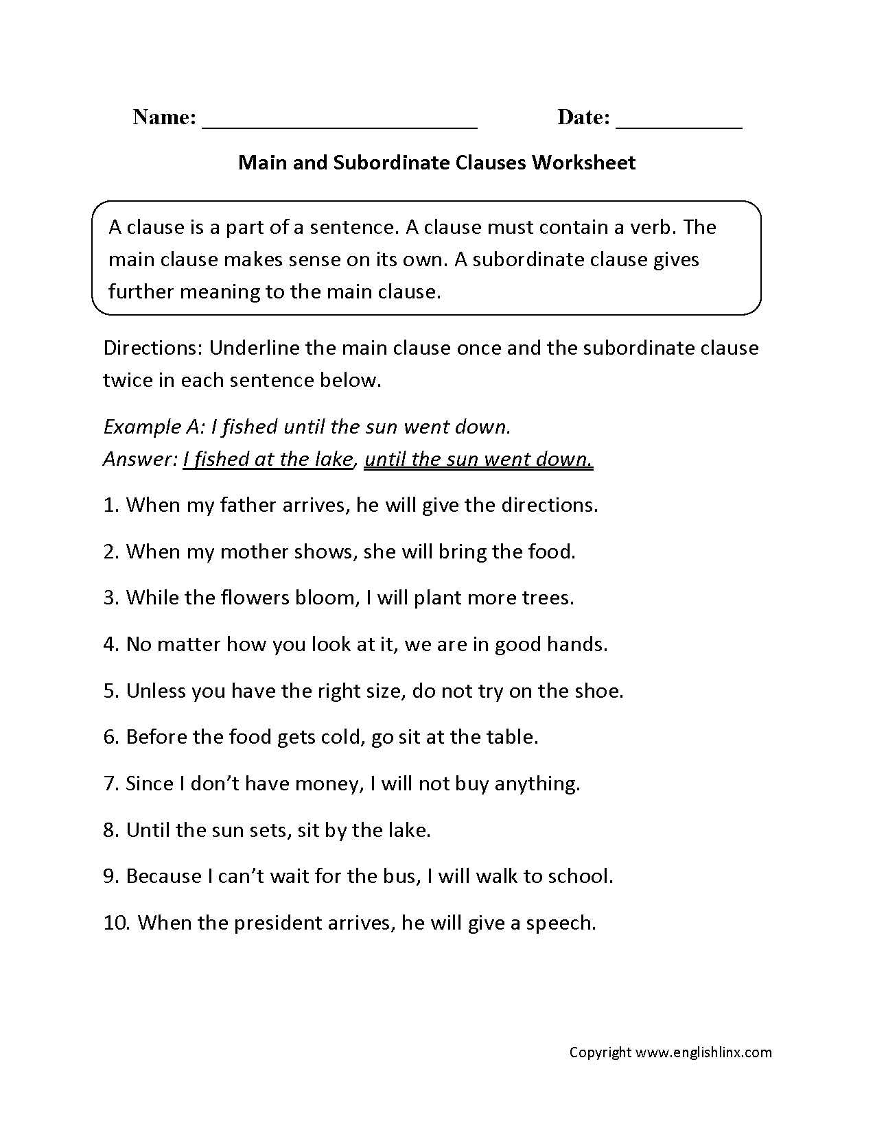 Main and Subordinate Clauses Worksheet