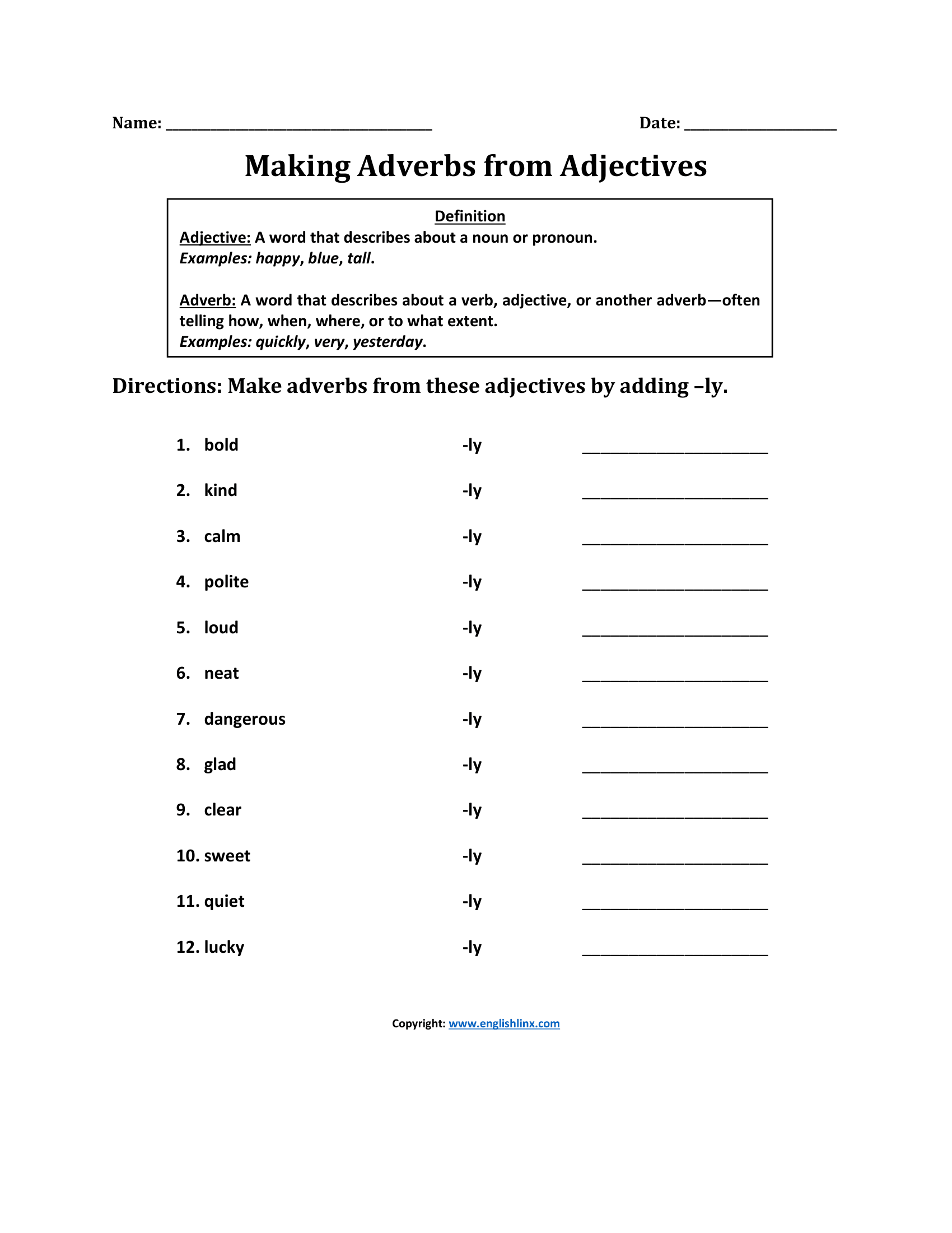 Making Adjectives and Adverbs Worksheets