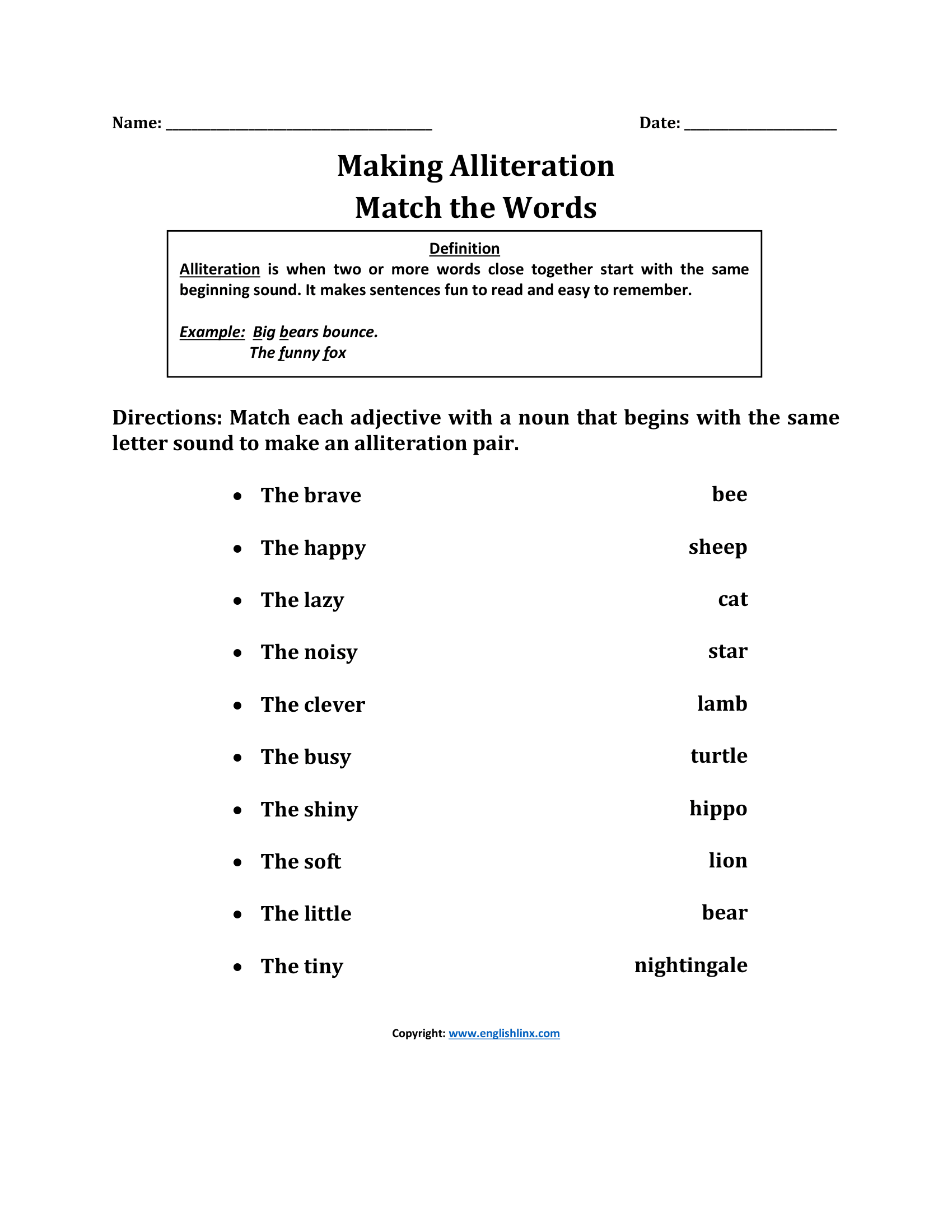Making to Match Alliteration Worksheet