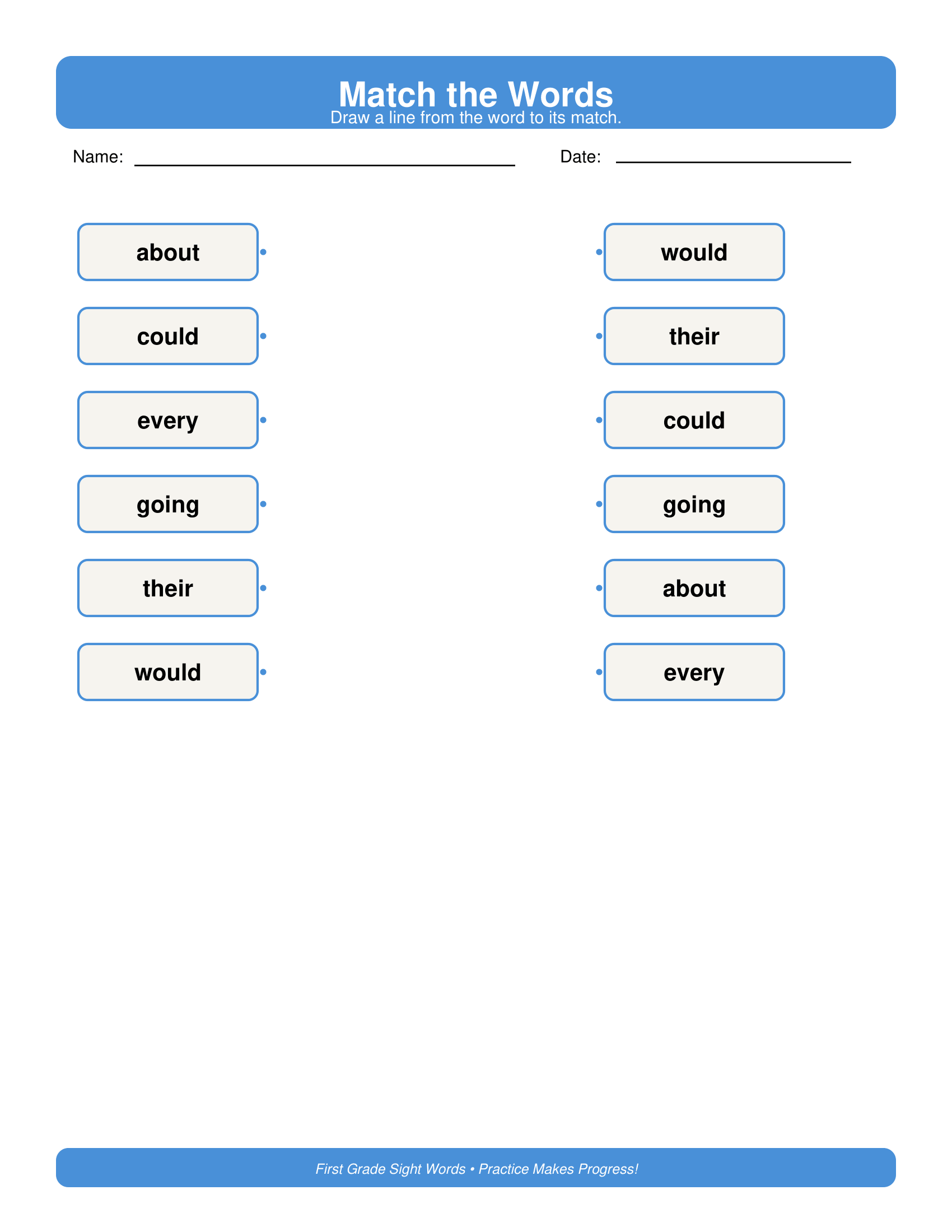 Match the Words First Grade Sight Words Worksheets
