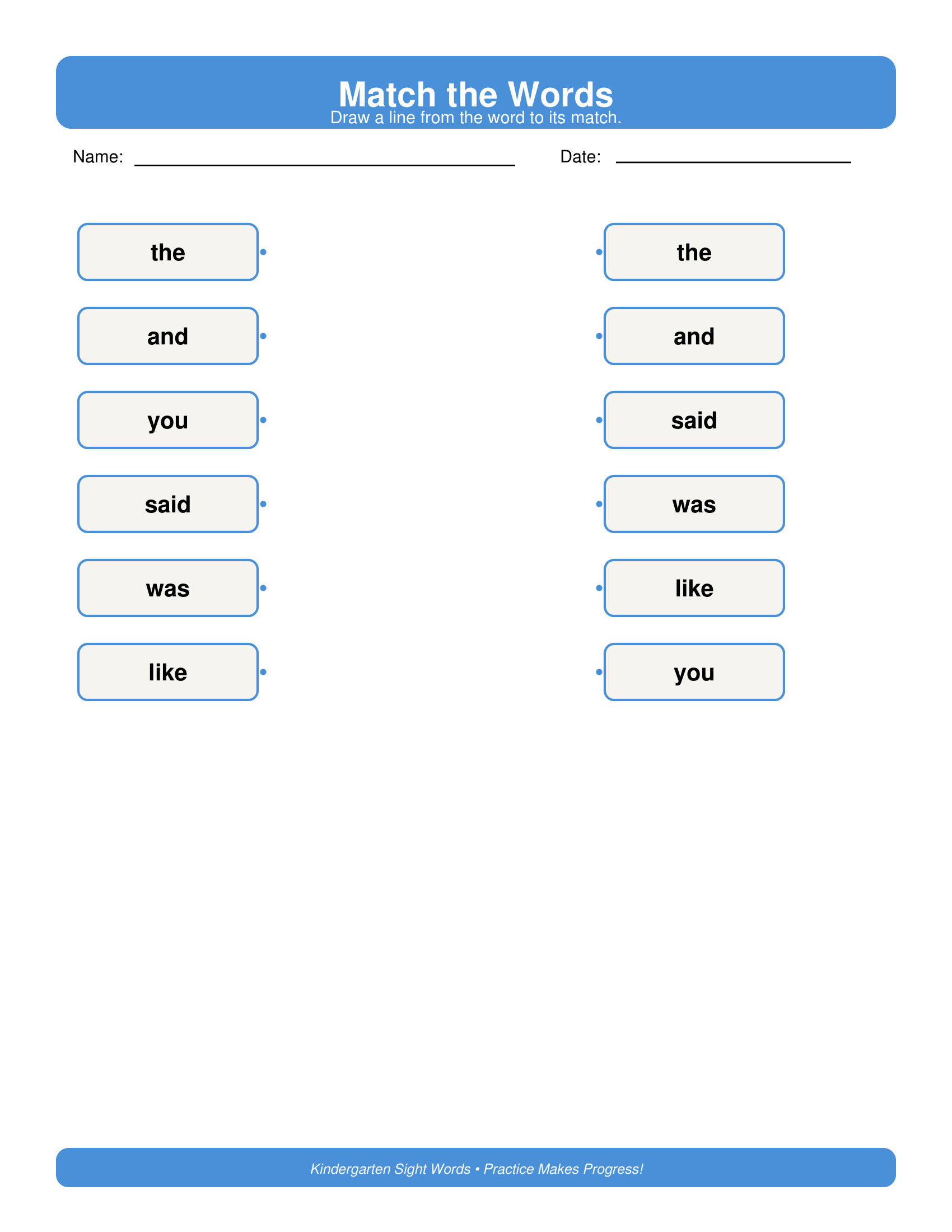 Match the Words Kindergarten Sight Words Worksheets