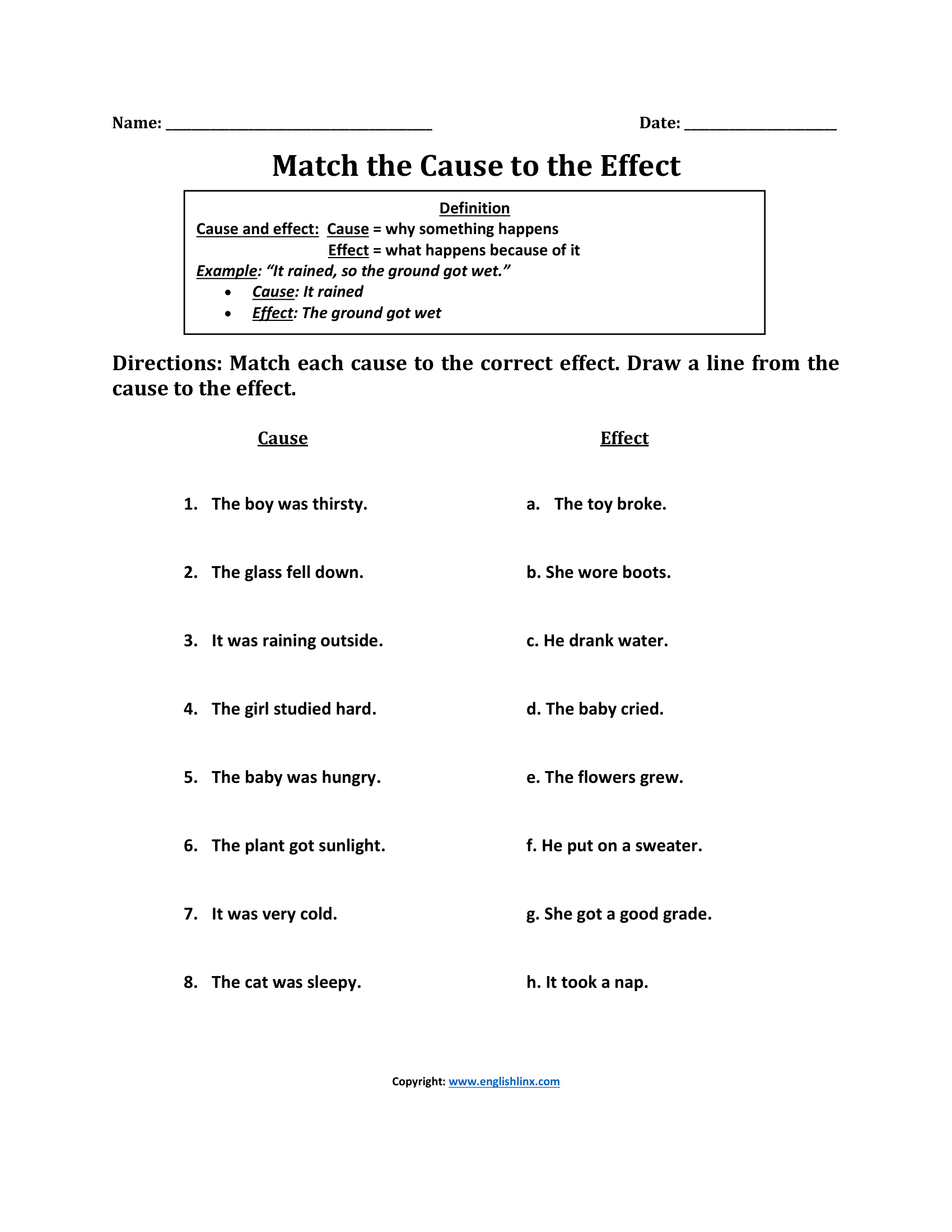 Match the Cause to the Effect Worksheets