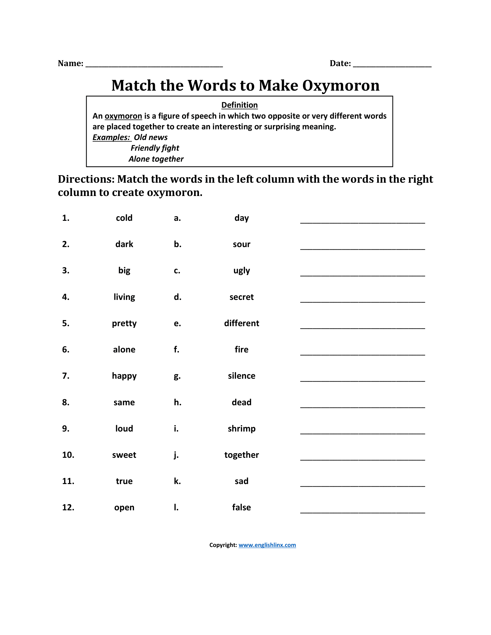 Match the Words Oxymoron Worksheets